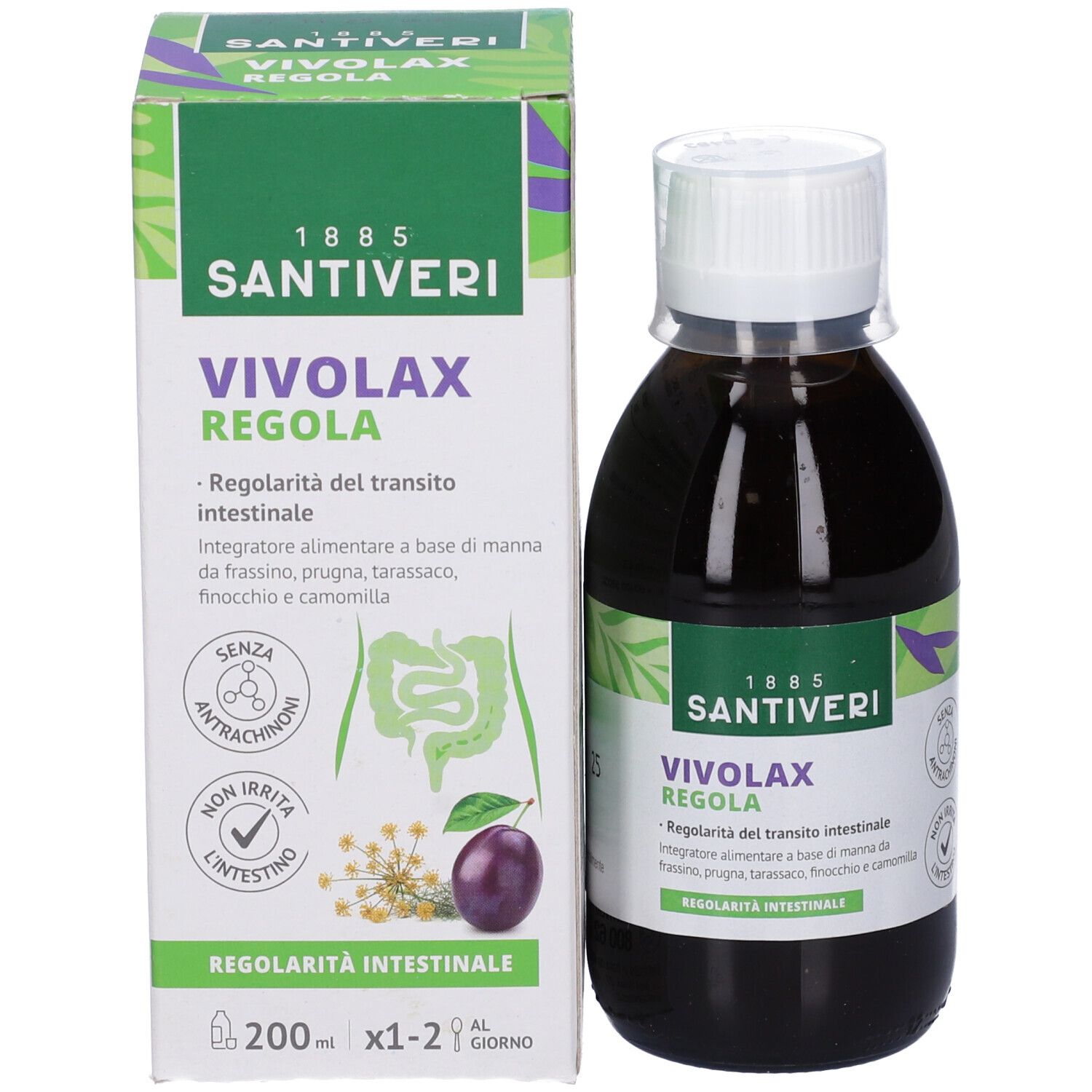 Bottiglia e scatola con nome prodotto e logo. Scatola con illustrazioni e informazioni.