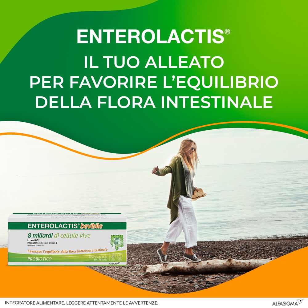Immagine pubblicitaria con confezione Enterolactis. Donna sulla spiaggia. Testo: Favorisce l'equilibrio della flora intestinale.
