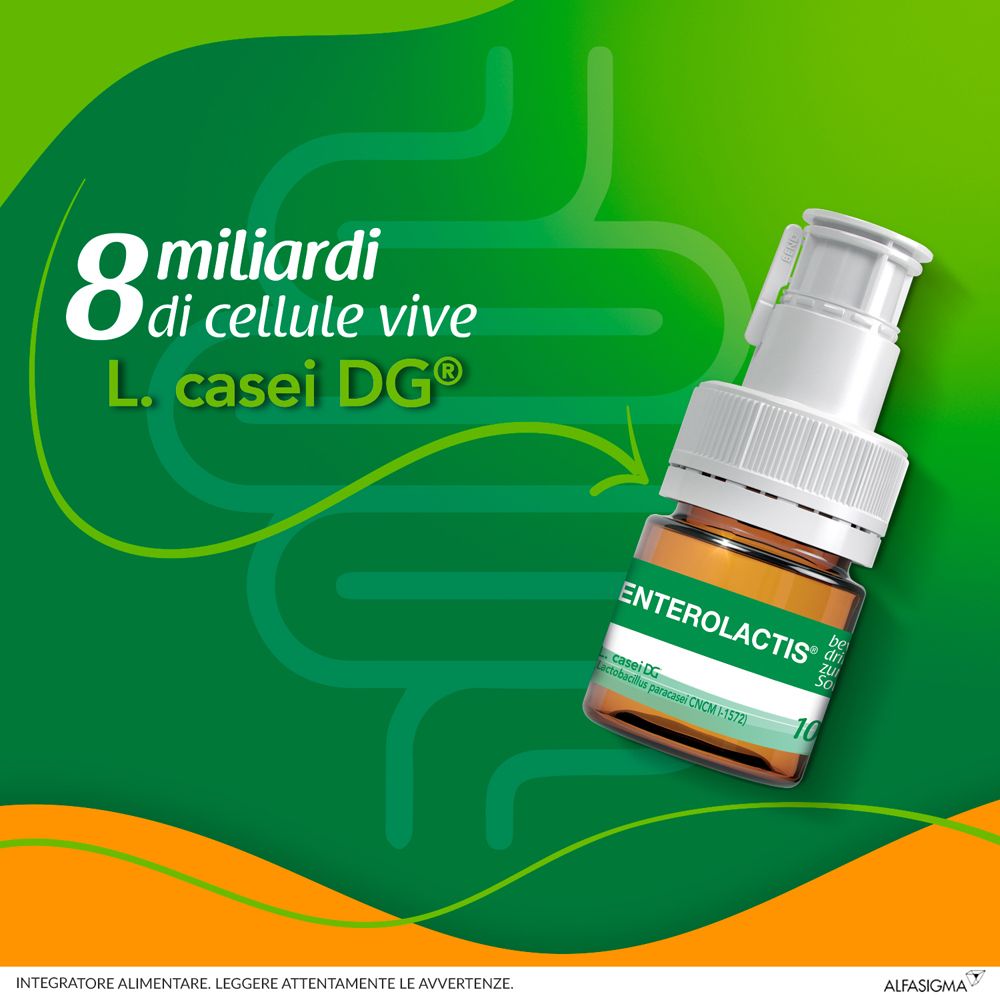 Flacone marrone Enterolactis con tappo bianco. 8 miliardi di cellule vive. Sfondo verde.