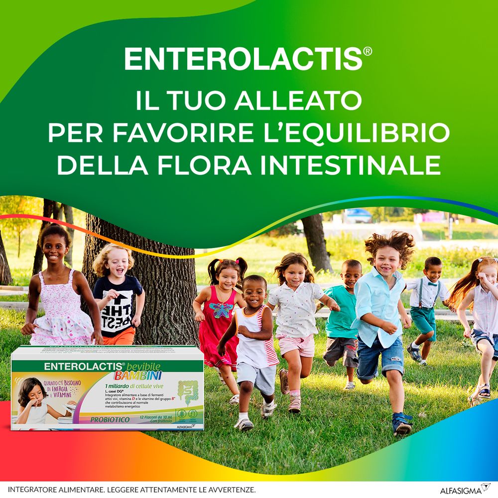 Bambini che corrono felici. In primo piano, una confezione di Enterolactis bevibile Bambini. Testo: 'Il tuo alleato per favorire l'equilibrio della flora intestinale'.
