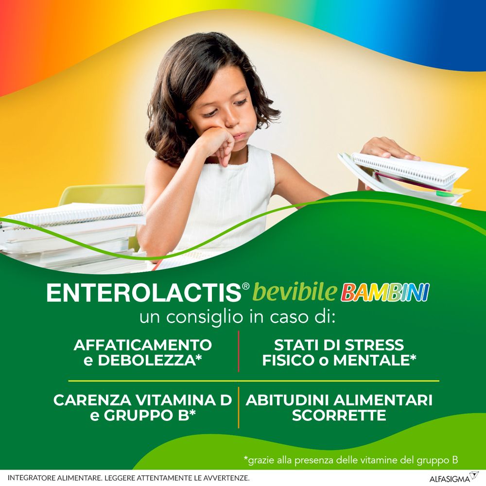 Un bambino pensieroso. Testo: 'Enterolactis bevibile BAMBINI' e indicazioni in caso di affaticamento, stress, carenza di vitamina D e abitudini alimentari scorrette.