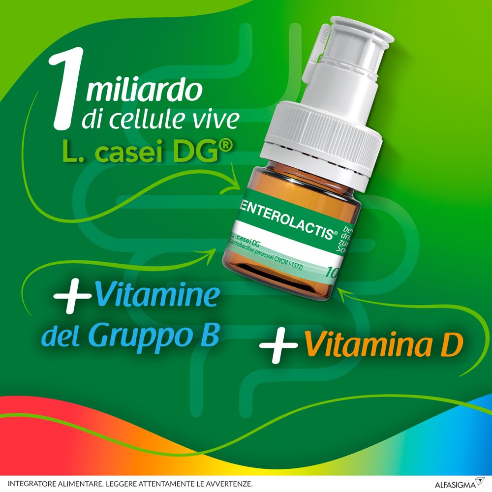 Flacone di Enterolactis bevibile Bambini. Contiene 1 miliardo di cellule vive, vitamina B e vitamina D. Su sfondo verde.
