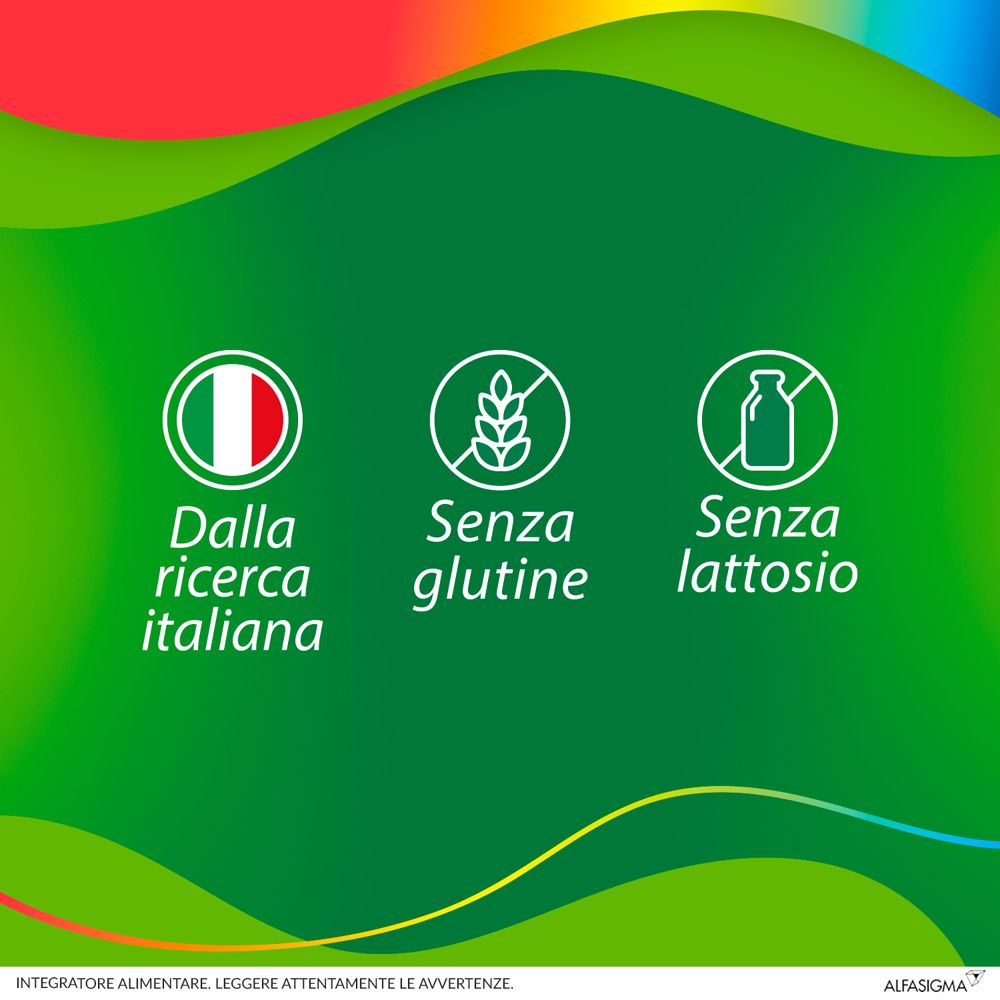 Simboli: 'Dalla ricerca italiana', 'Senza glutine', 'Senza lattosio'. Su sfondo verde.