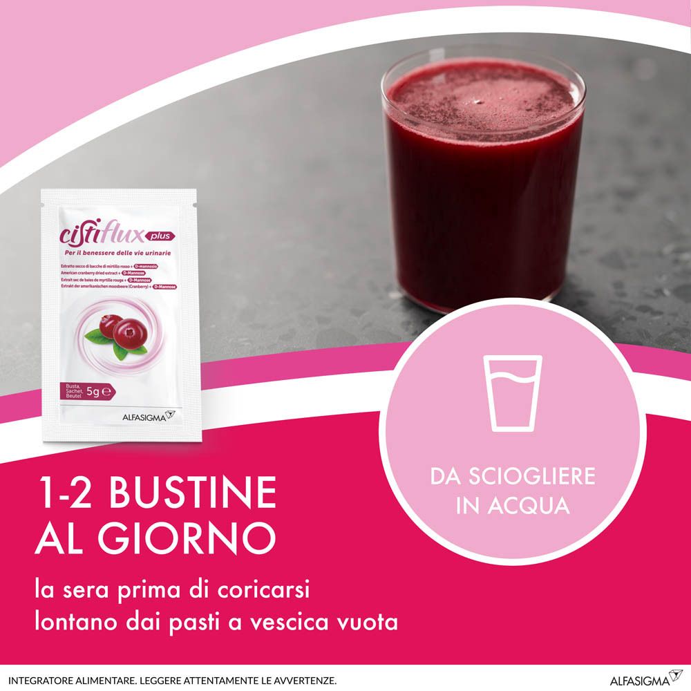Bustina Cistiflux plus e bicchiere con bevanda rossa. Testo: '1-2 bustine al giorno'. Istruzioni per sciogliere in acqua.