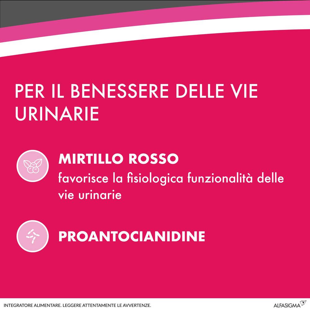 Sfondo rosa con testo: 'Per il benessere delle vie urinarie'. Illustrazioni di cranberry e proantocianidine.