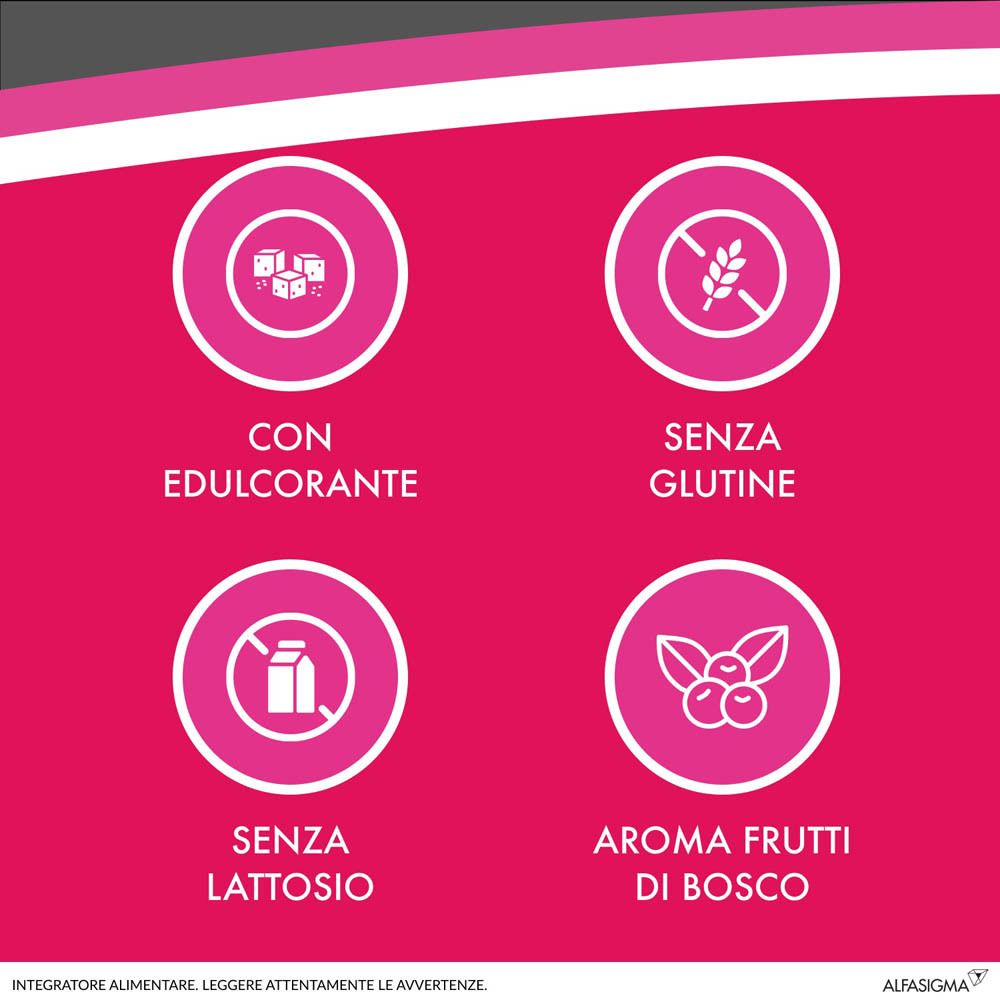 Sfondo rosa con simboli: Senza zucchero, senza glutine, senza lattosio, aroma frutti di bosco. Per Cistiflux plus.