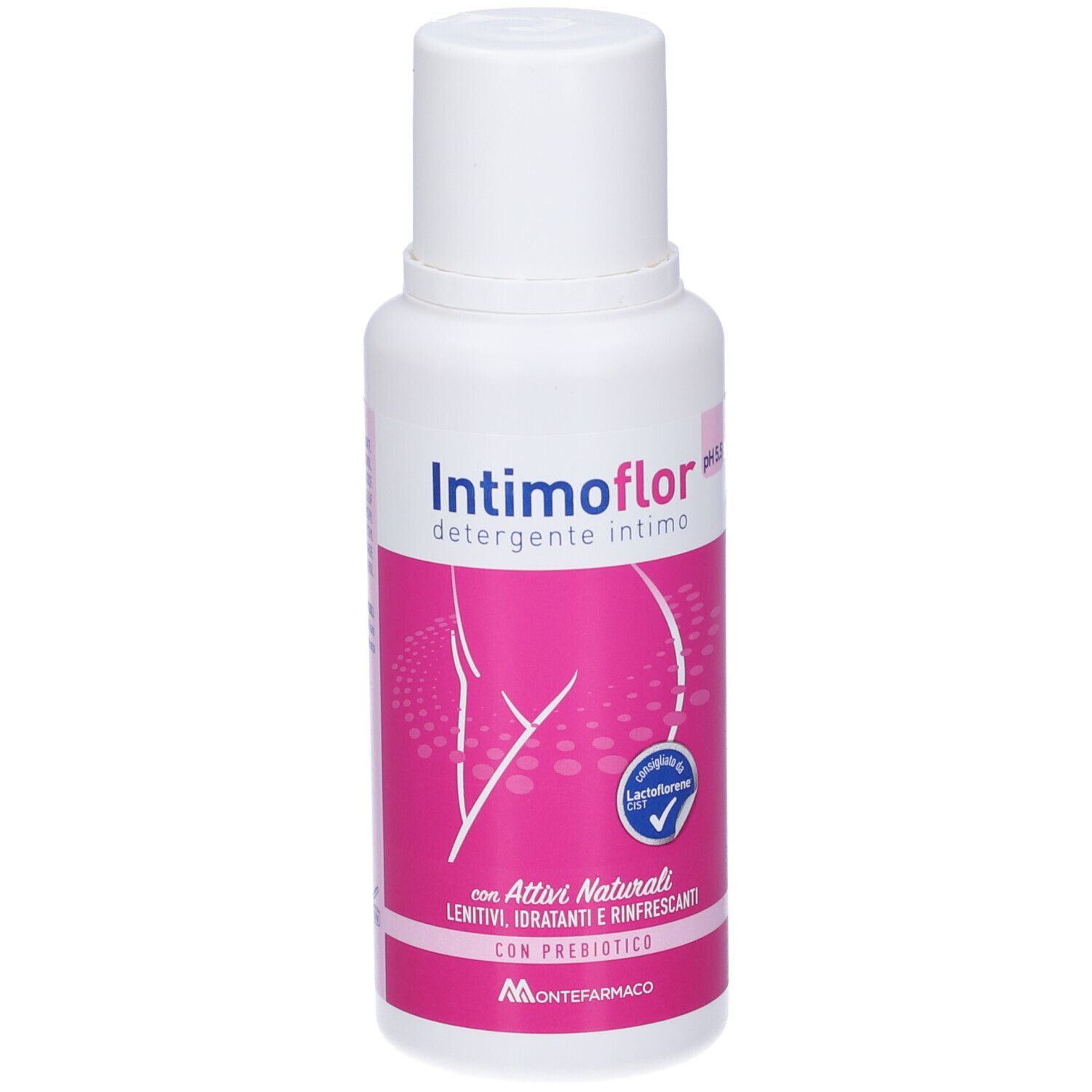 Flacone bianco con etichetta rosa. Scritta: Intimoflor Detergente Intimo pH 5,5. Con logo e ingredienti.
