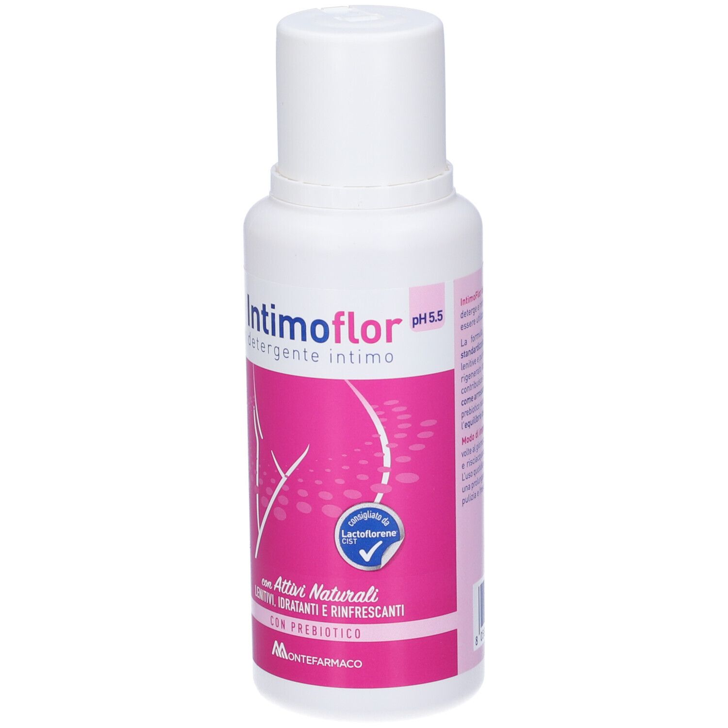 Flacone bianco con etichetta rosa. Scritta: Intimoflor Detergente Intimo pH 5,5. Con logo e ingredienti.