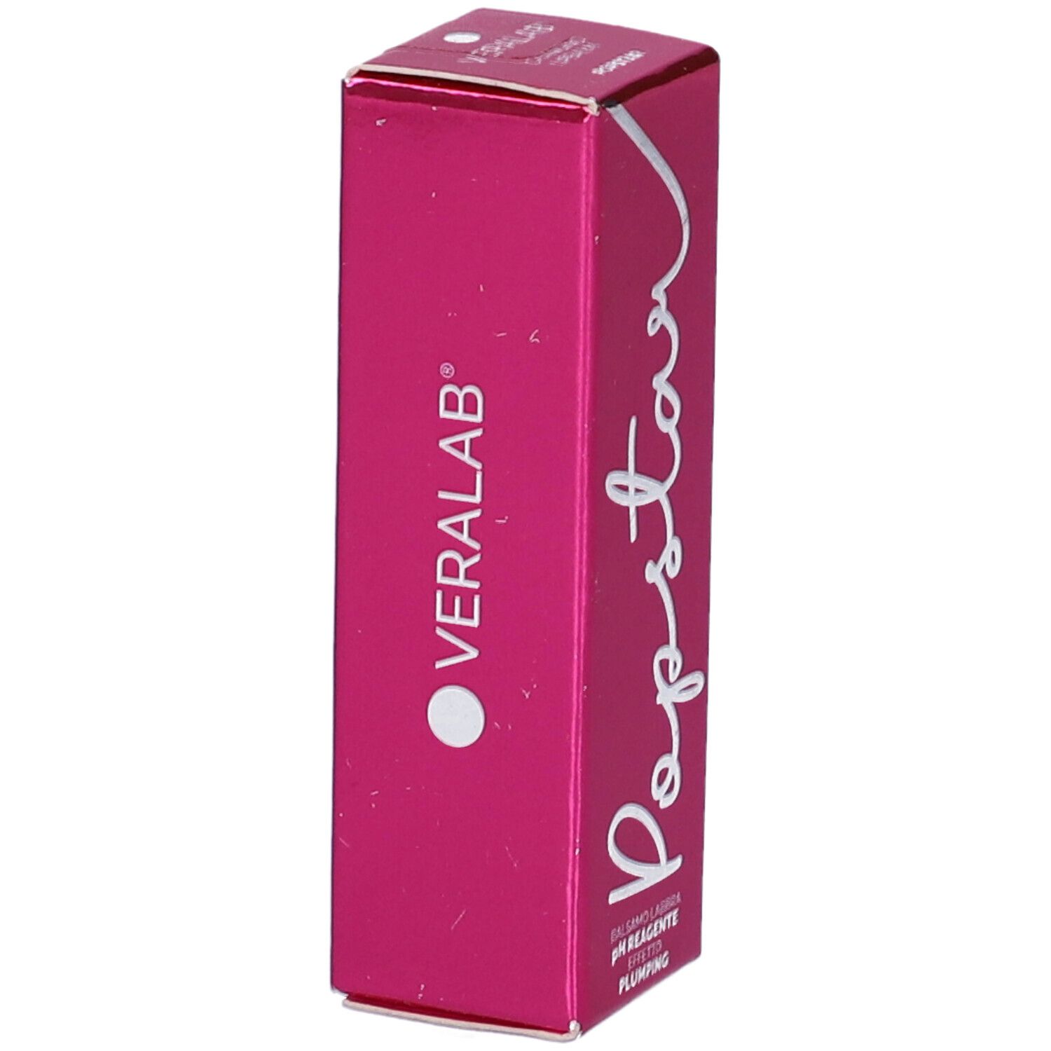 Confezione rosa con scritta bianca Popstar. Marchio VERALAB. Testo: Balsamo labbra pH reagente effetto plumping.