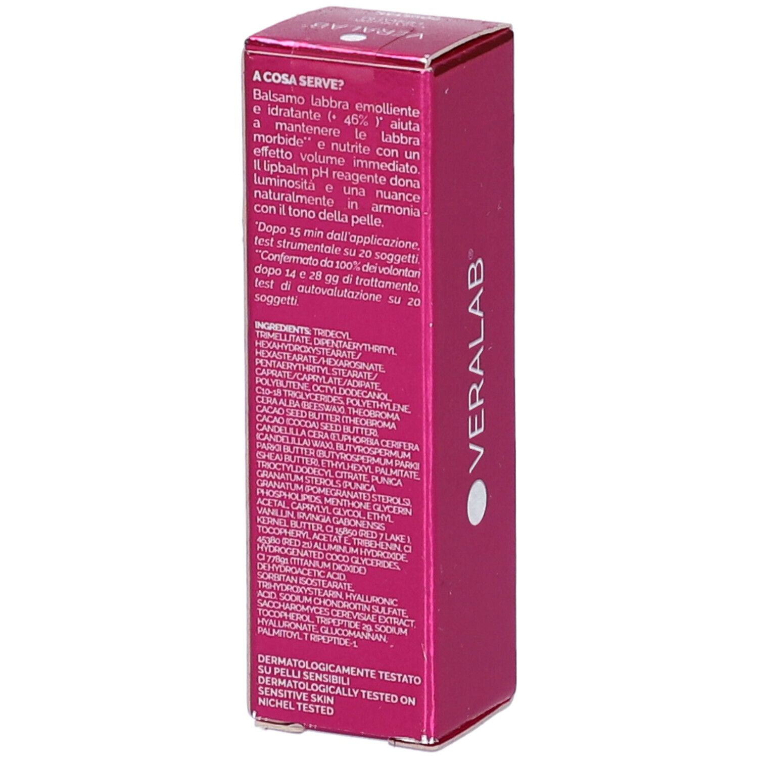 Confezione rosa con testo. Contiene ingredienti e informazioni sui test dermatologici. Marchio VERALAB.