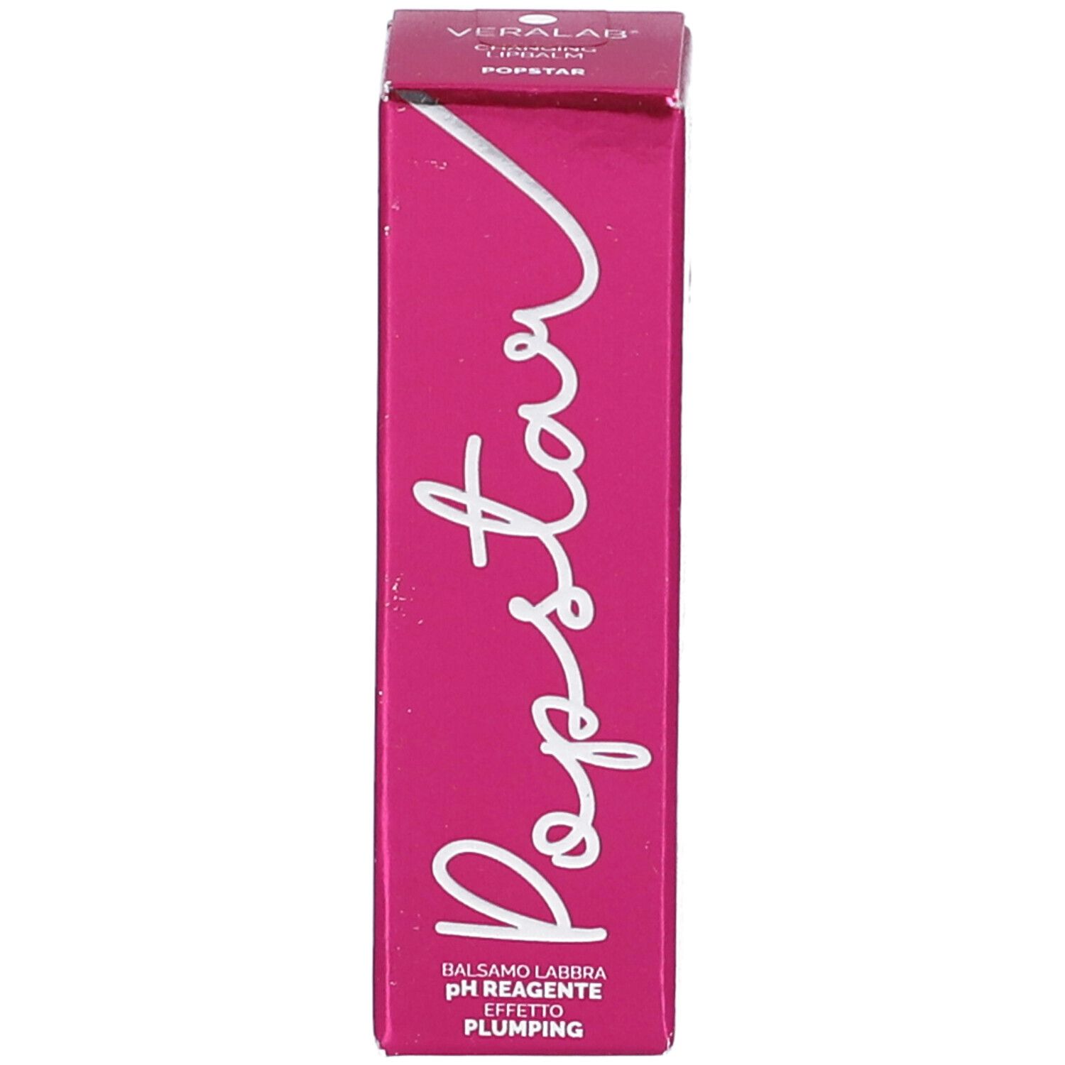Confezione rosa con scritta bianca Popstar. Testo: Balsamo labbra pH reagente effetto plumping.