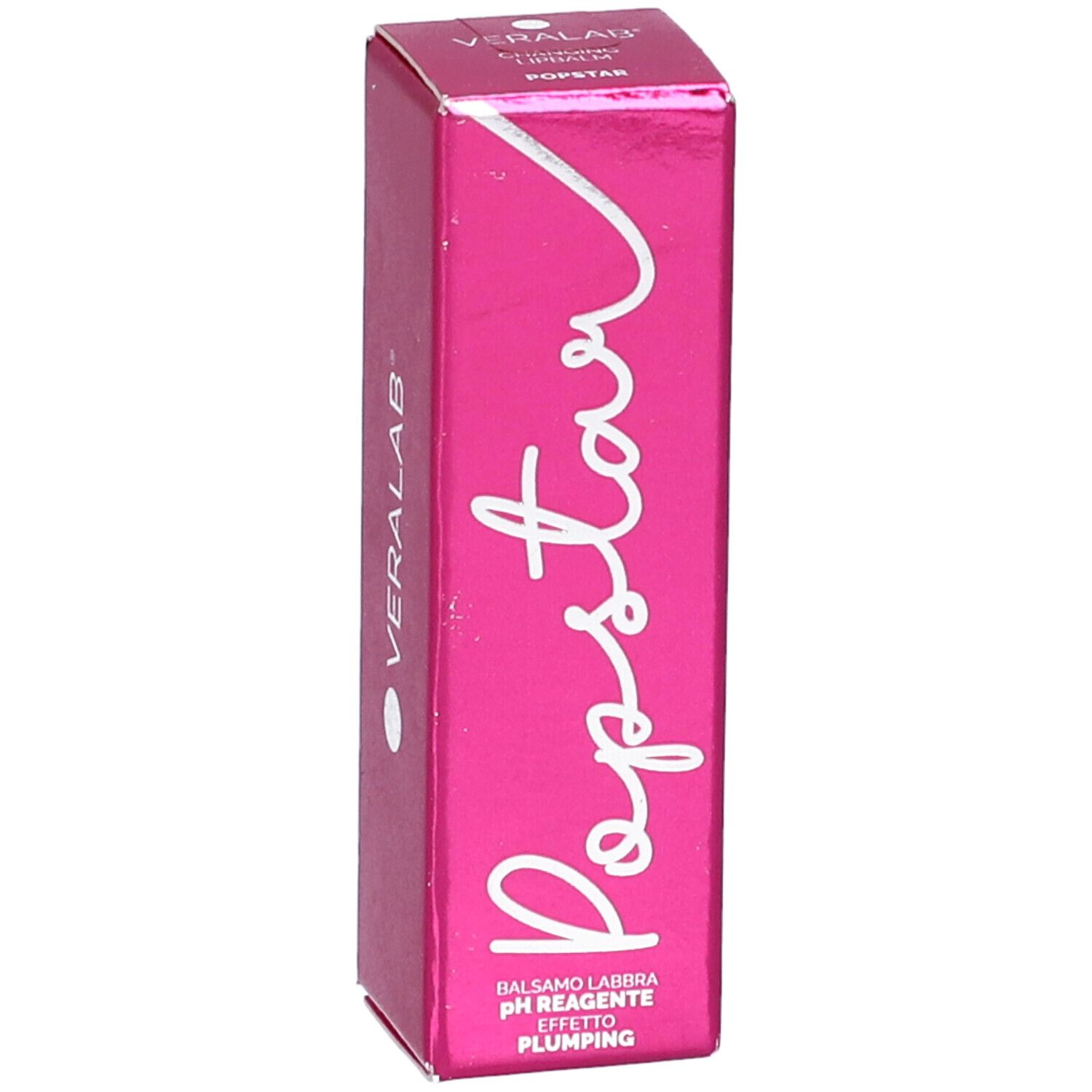 Confezione rosa con scritta bianca Popstar. Marchio VERALAB. Testo: Balsamo labbra pH reagente effetto plumping.