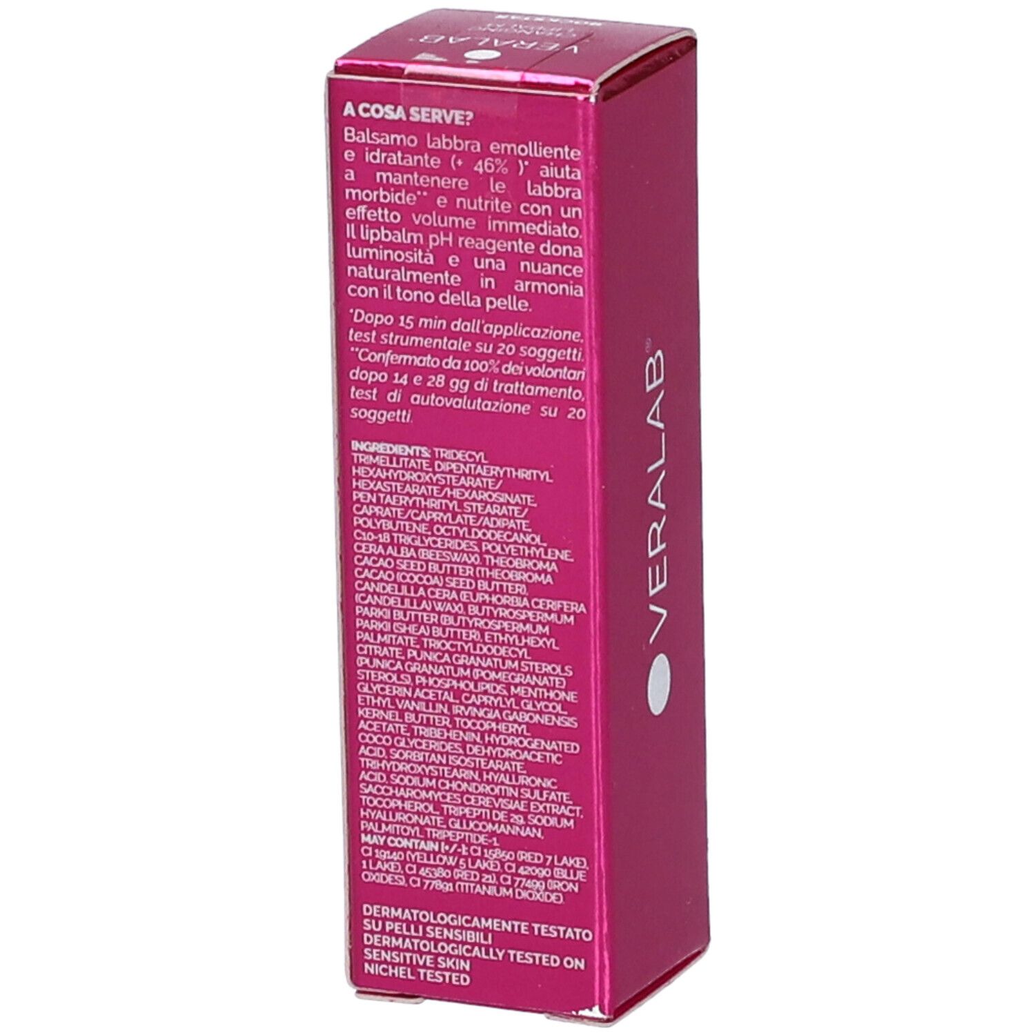 Confezione rosa con testo. Contiene ingredienti e informazioni sull'uso.