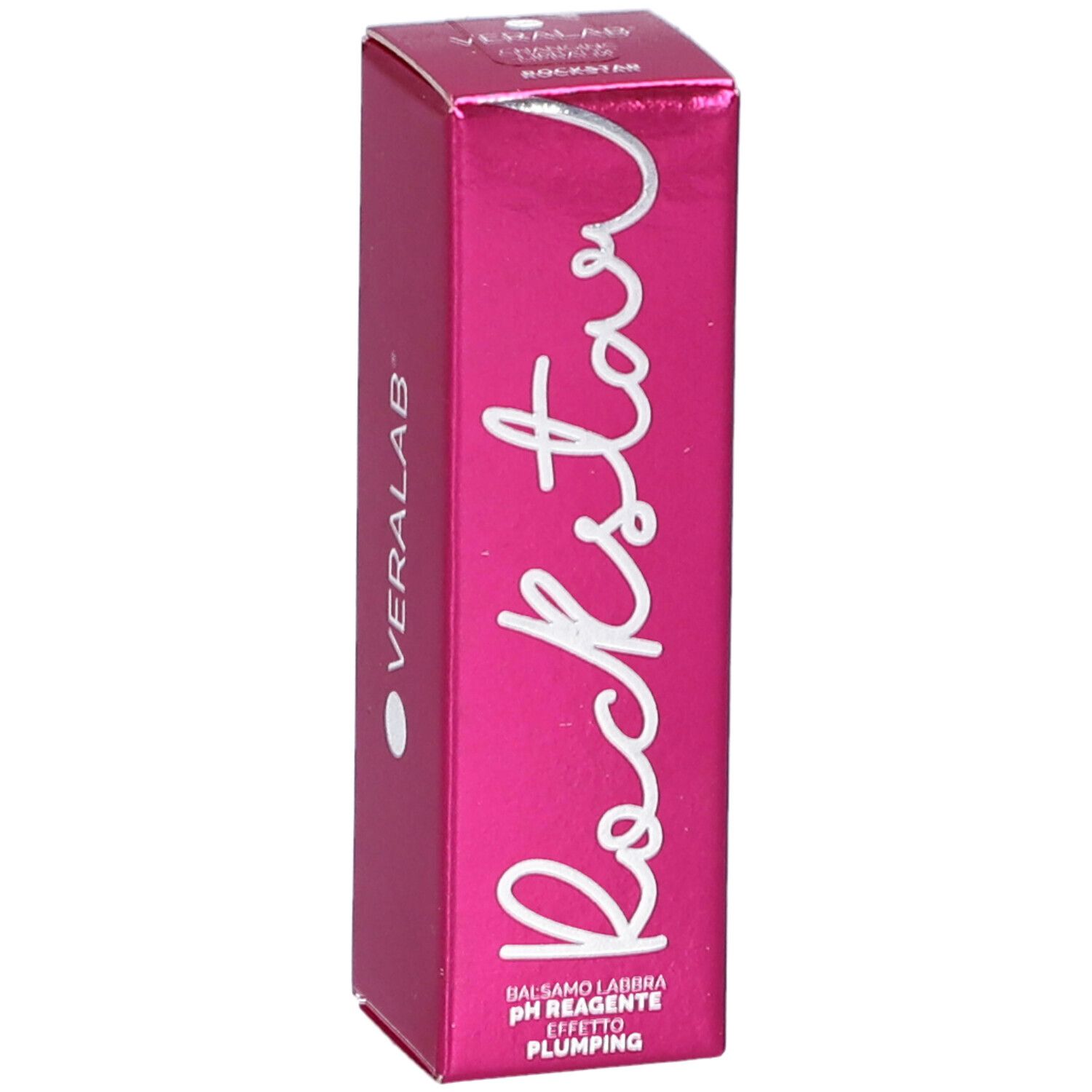 Confezione rosa con scritta bianca "Rockstar". Marchio: VERALAB.