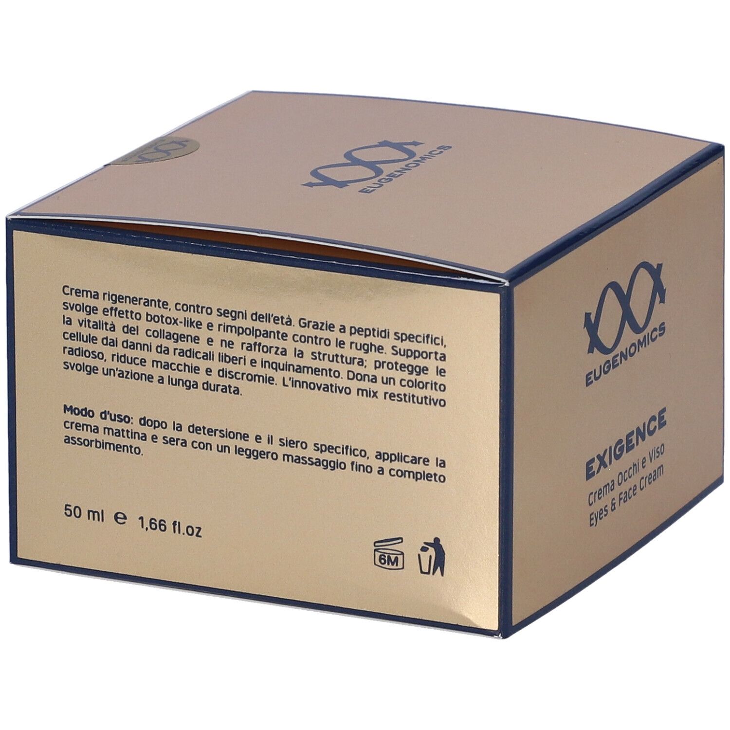 Scatola dorata con informazioni sul prodotto. Testo: Exigence, crema occhi e viso. 50 ml.
