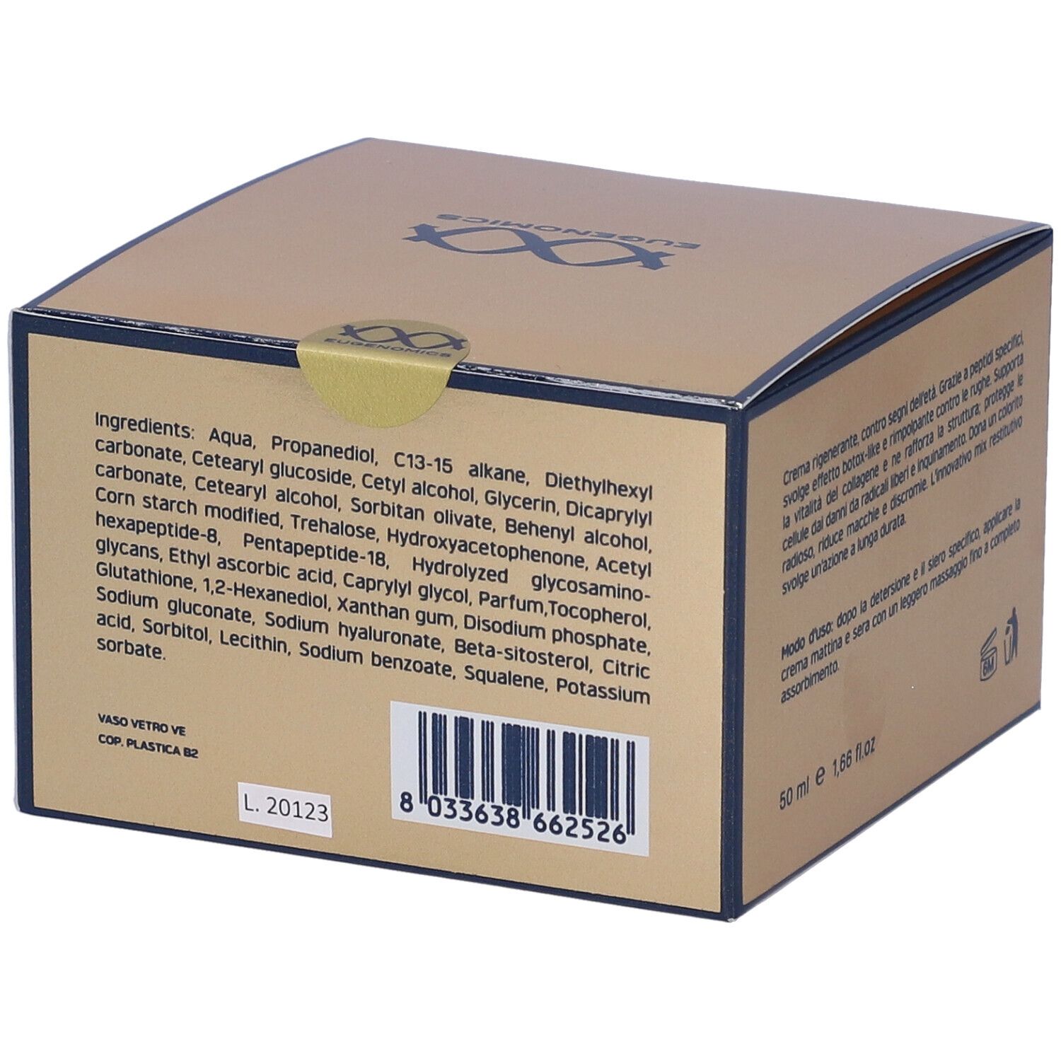 Scatola dorata con ingredienti e codice a barre. Testo: Exigence, crema occhi e viso. 50 ml.