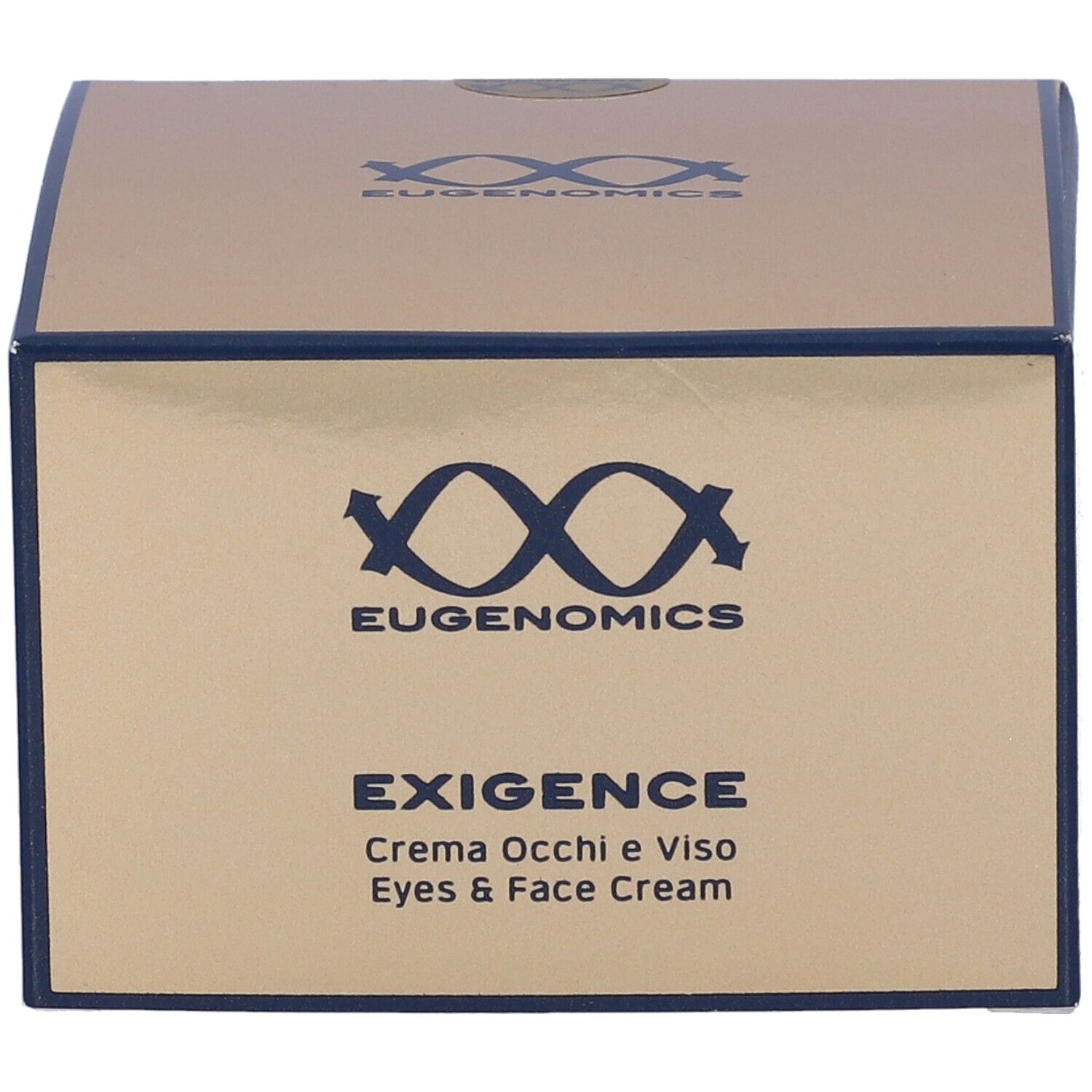 Scatola dorata con logo e nome del prodotto. Testo: Exigence, crema occhi e viso. Dettagli blu.