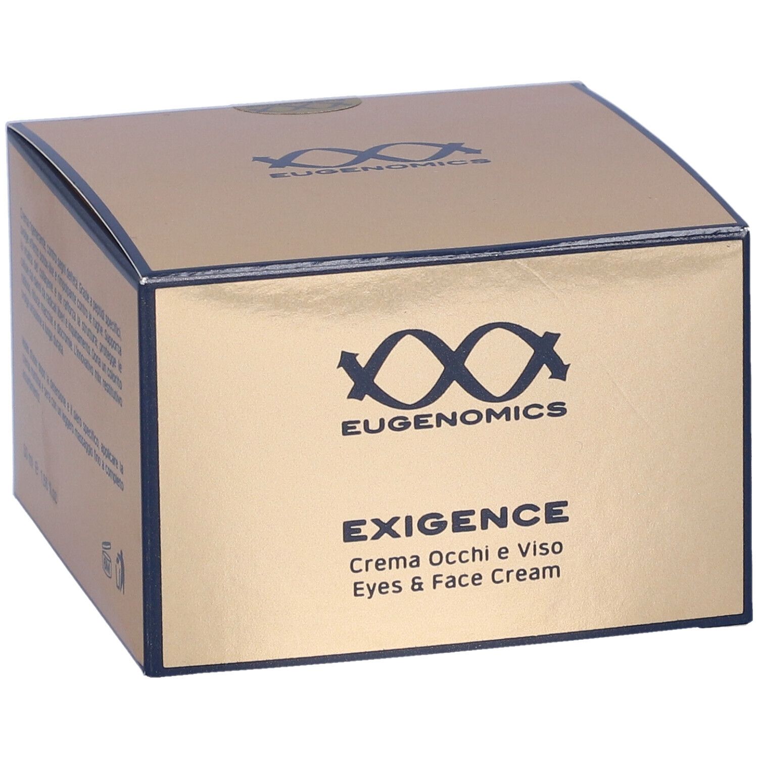 Scatola dorata con logo e nome del prodotto. Testo: Exigence, crema occhi e viso. Dettagli blu.