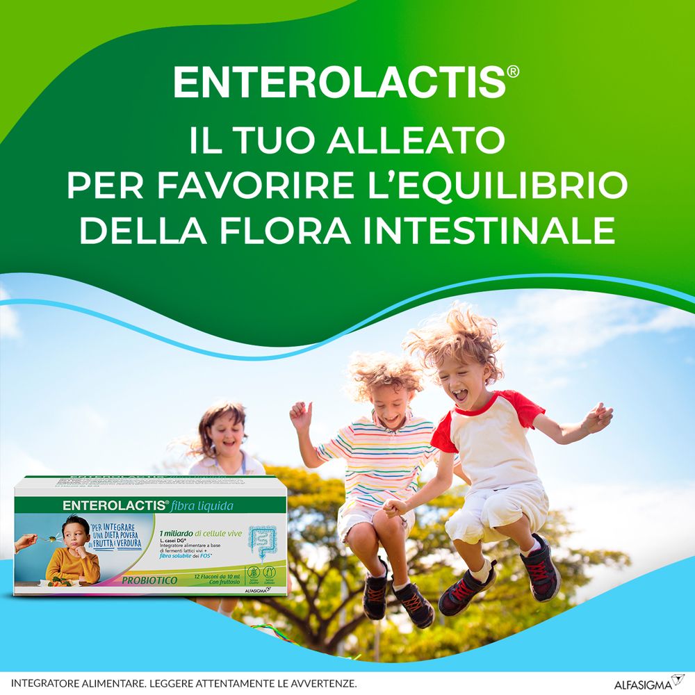 Pubblicità per Enterolactis fibra liquida. Bambini che saltano. Testo: 'Il tuo alleato per l'equilibrio della flora intestinale'.