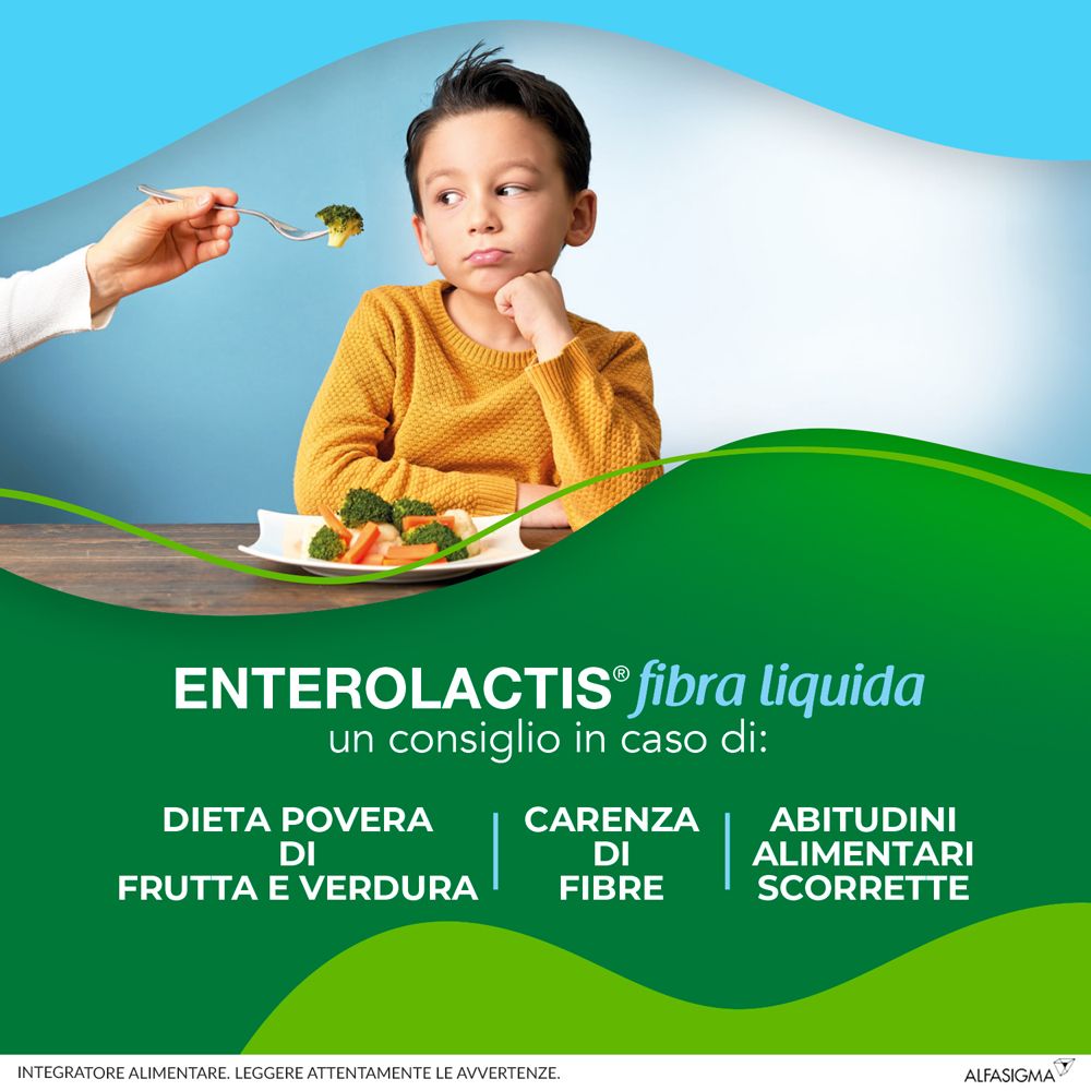 Pubblicità per Enterolactis fibra liquida. Bambino rifiuta verdure. Testo: 'In caso di carenza di fibre, cattive abitudini alimentari'.