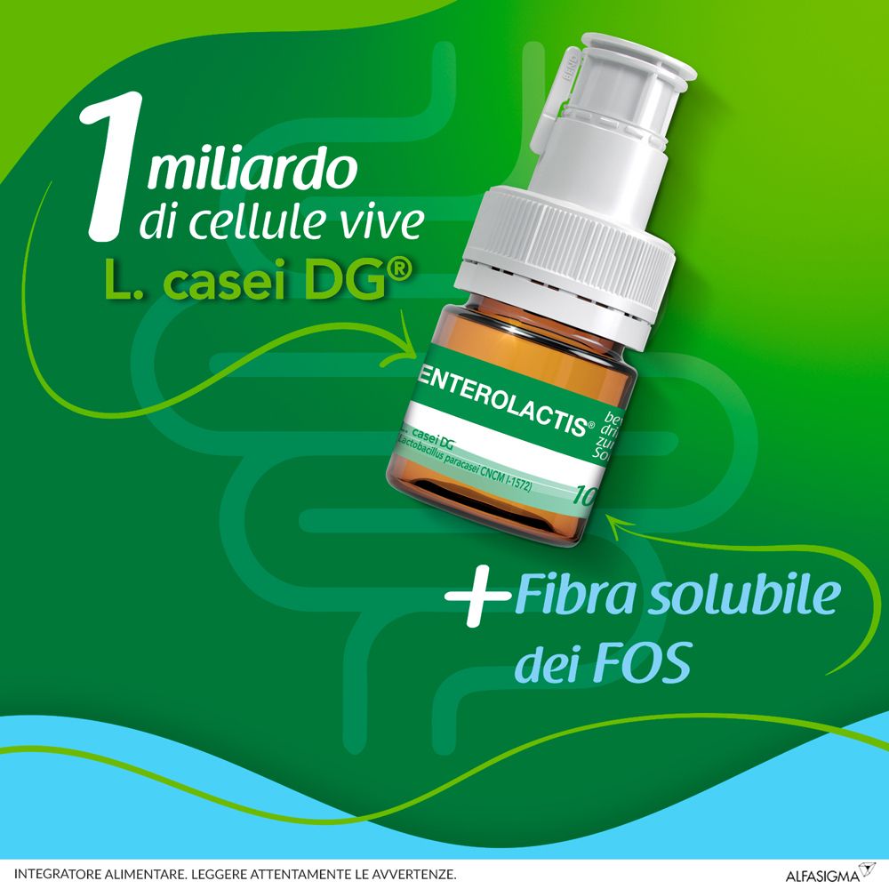 Flaconcino di Enterolactis fibra liquida. 1 miliardo di cellule vive. Contiene L. casei DG e fibre FOS solubili.