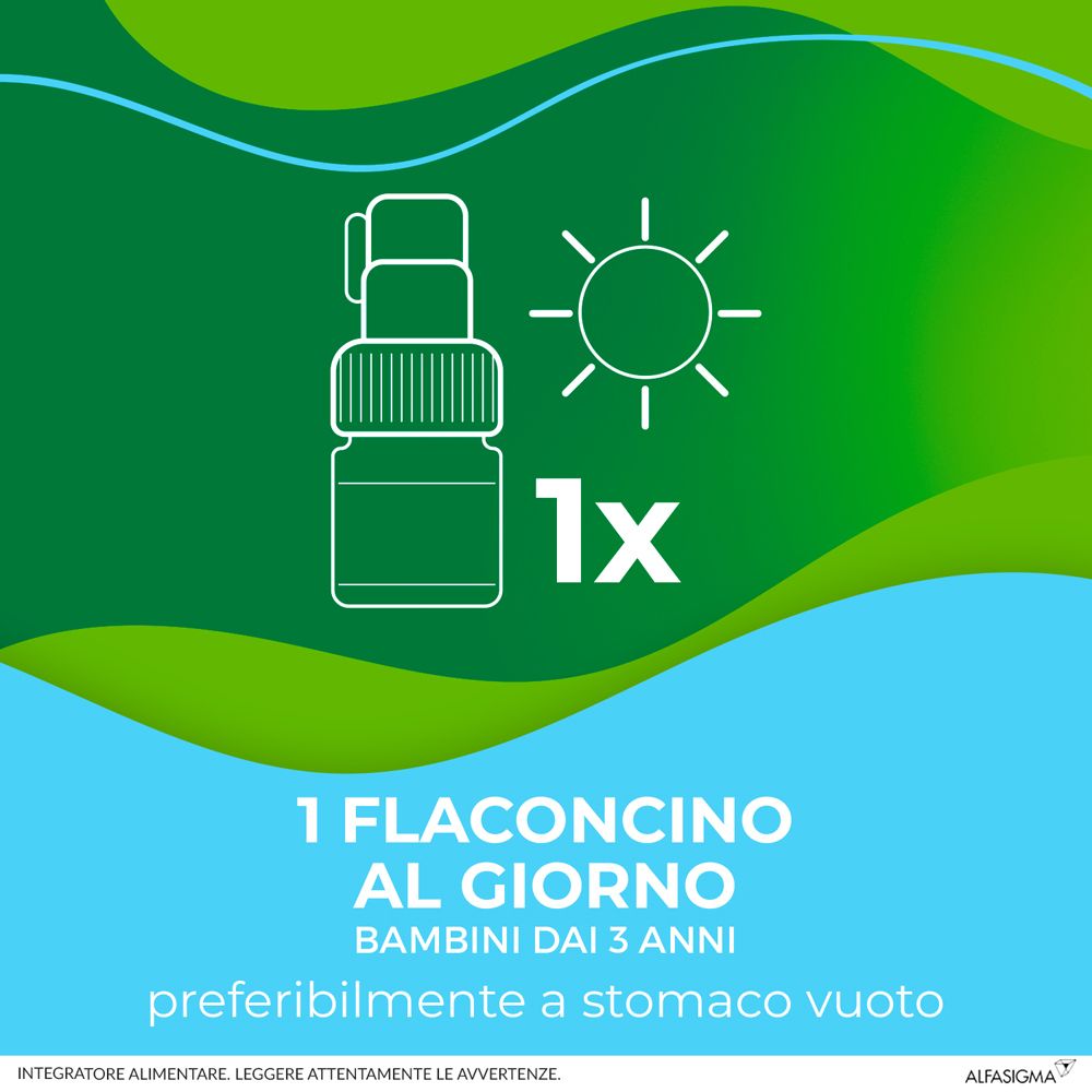 Grafica: 1 flaconcino al giorno. Per bambini dai 3 anni, preferibilmente a stomaco vuoto.