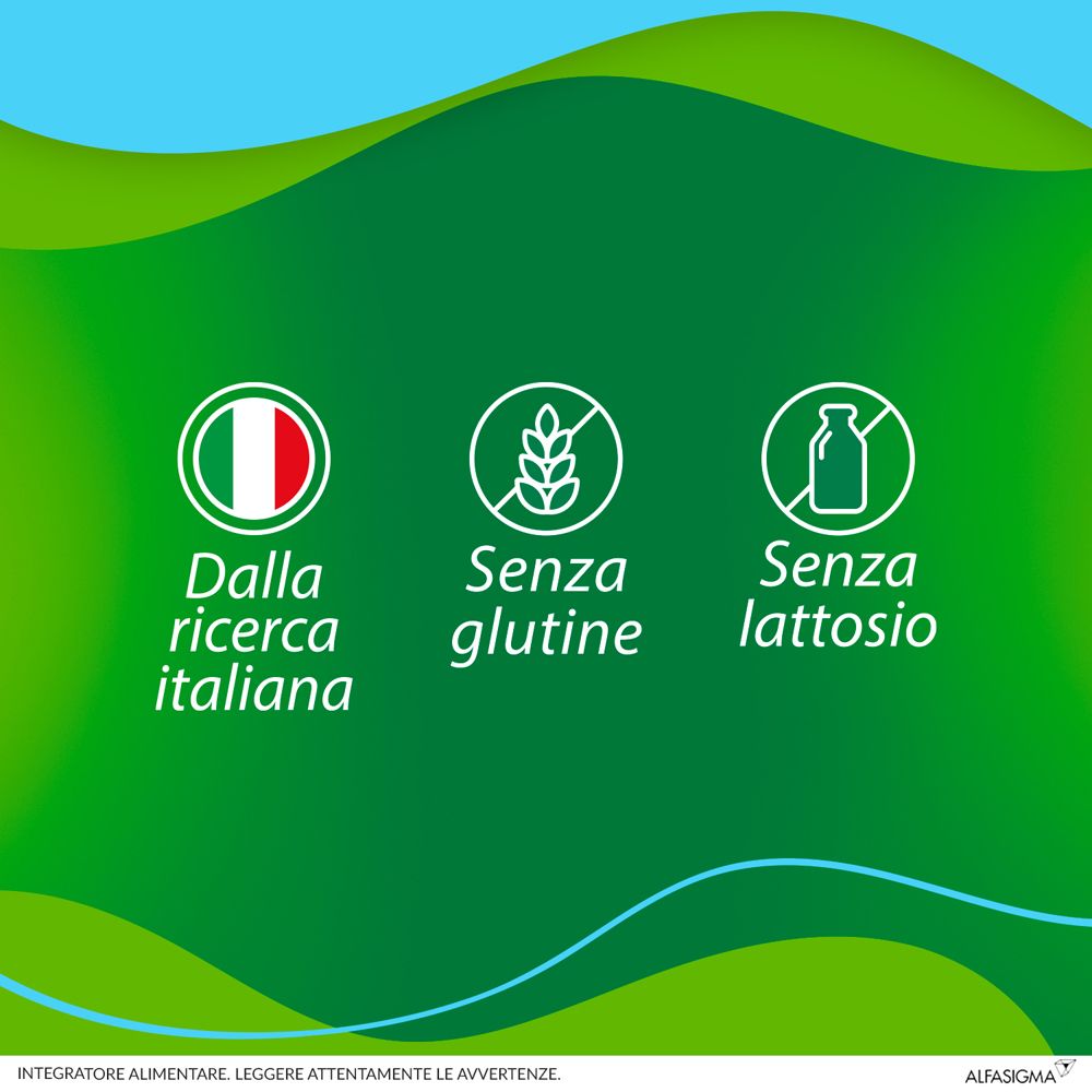 Simboli: 'Dalla ricerca italiana', 'Senza glutine', 'Senza lattosio'.