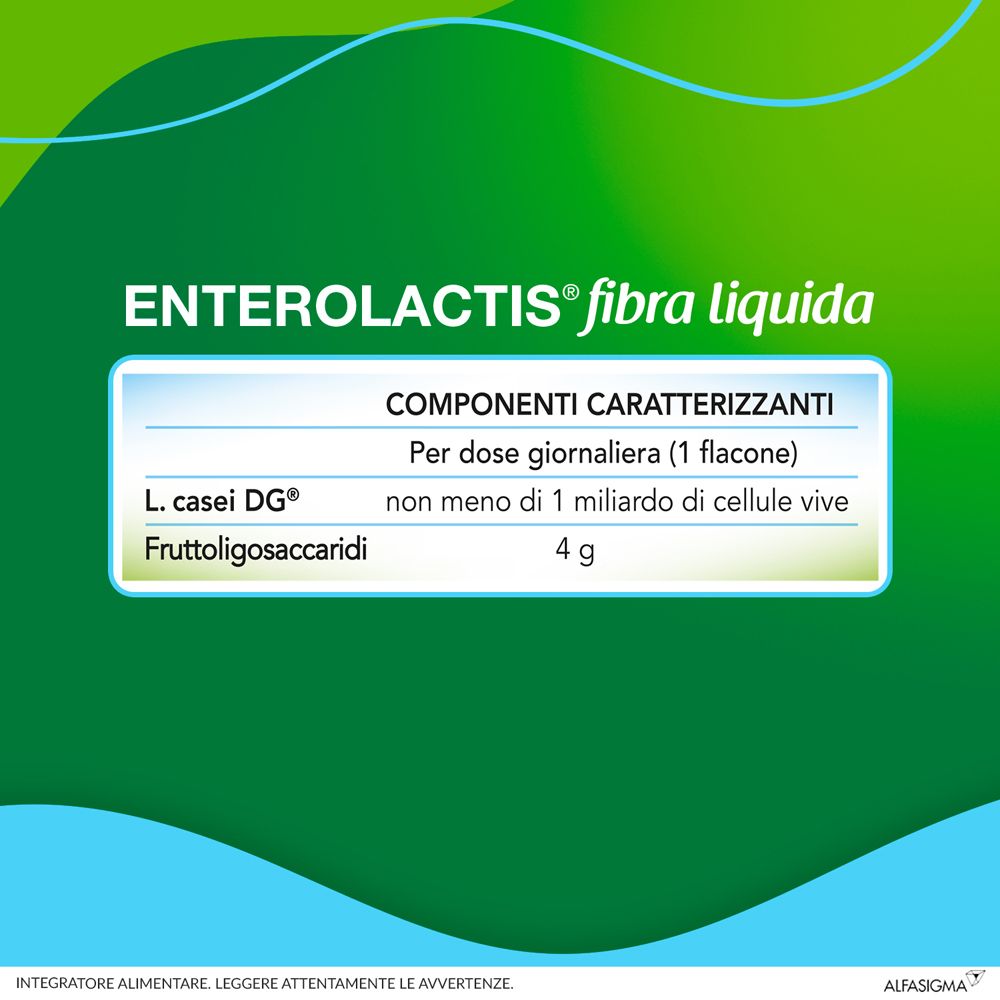 Tabella: Ingredienti di Enterolactis fibra liquida. 1 miliardo di cellule vive, 4g di frutto-oligosaccaridi.