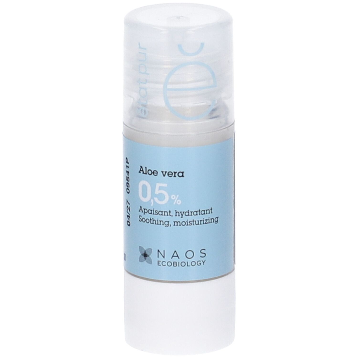 Flacone con etichetta blu. Testo: Aloe vera 0,5%, lenitivo, idratante, NAOS Ecobiology. Con data.