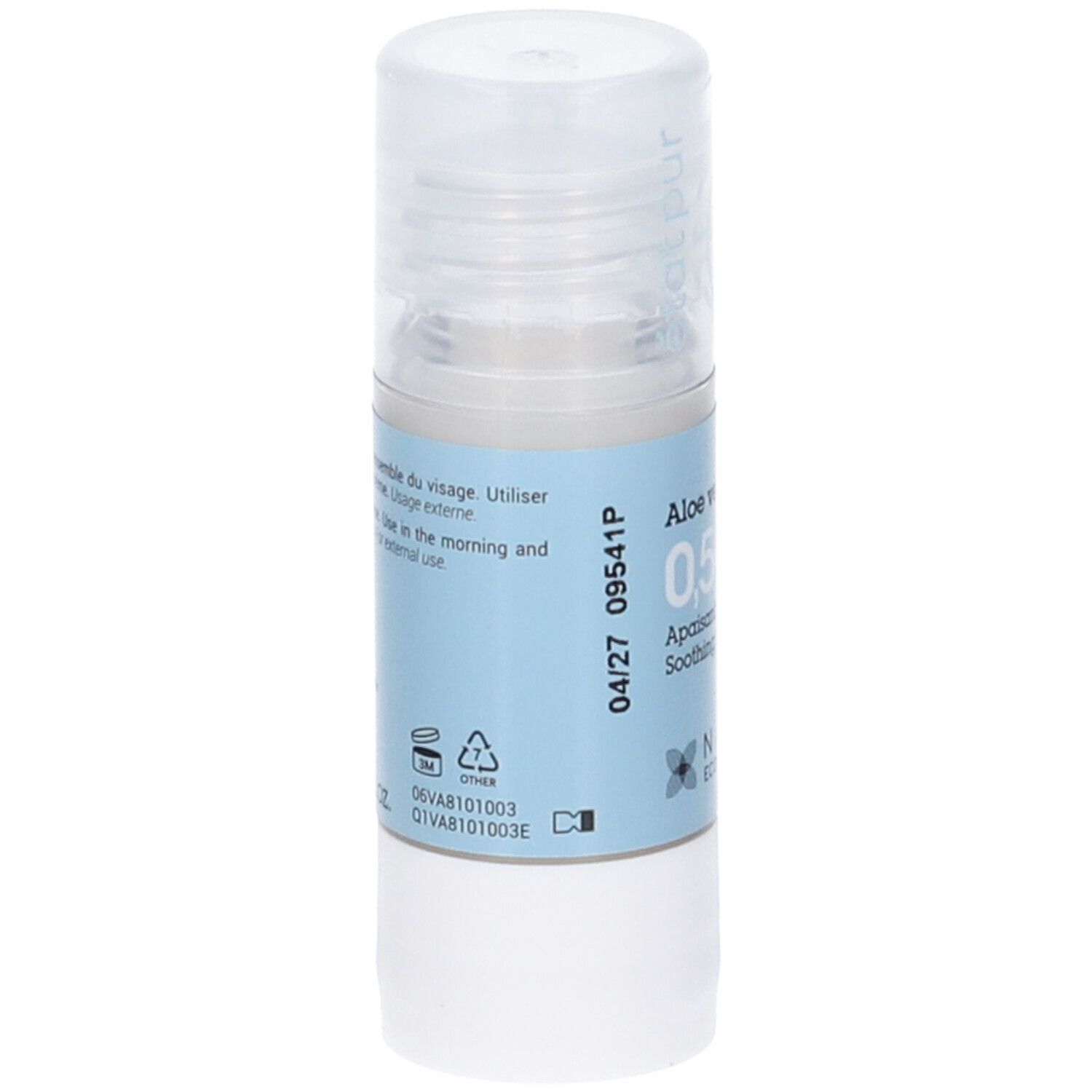 Flacone con etichetta blu. Testo: Aloe vera 0,5%, lenitivo, idratante, NAOS Ecobiology. Con data.