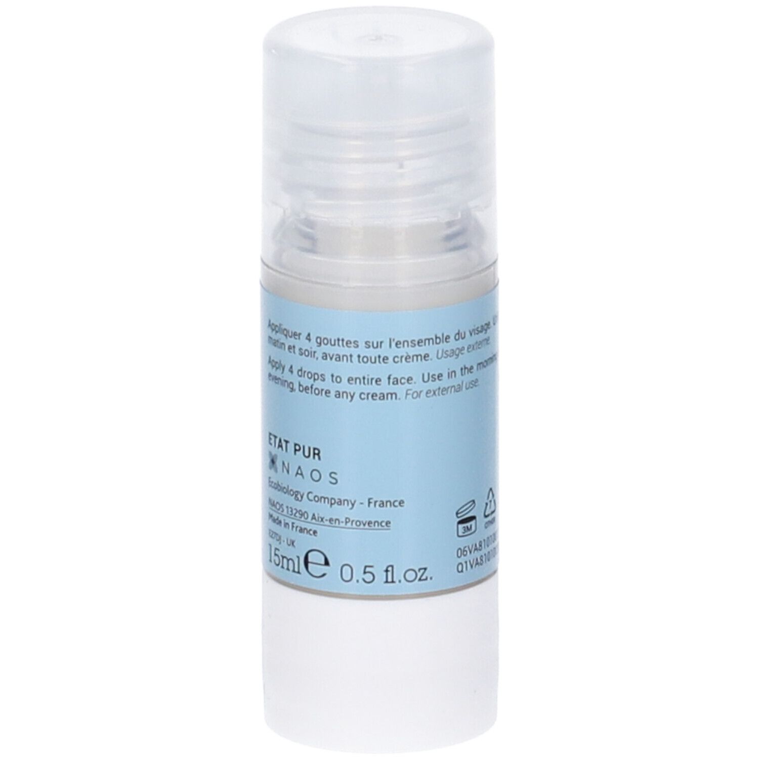 Flacone con etichetta blu. Testo: Aloe vera 0,5%, lenitivo, idratante, NAOS Ecobiology. Con testo.