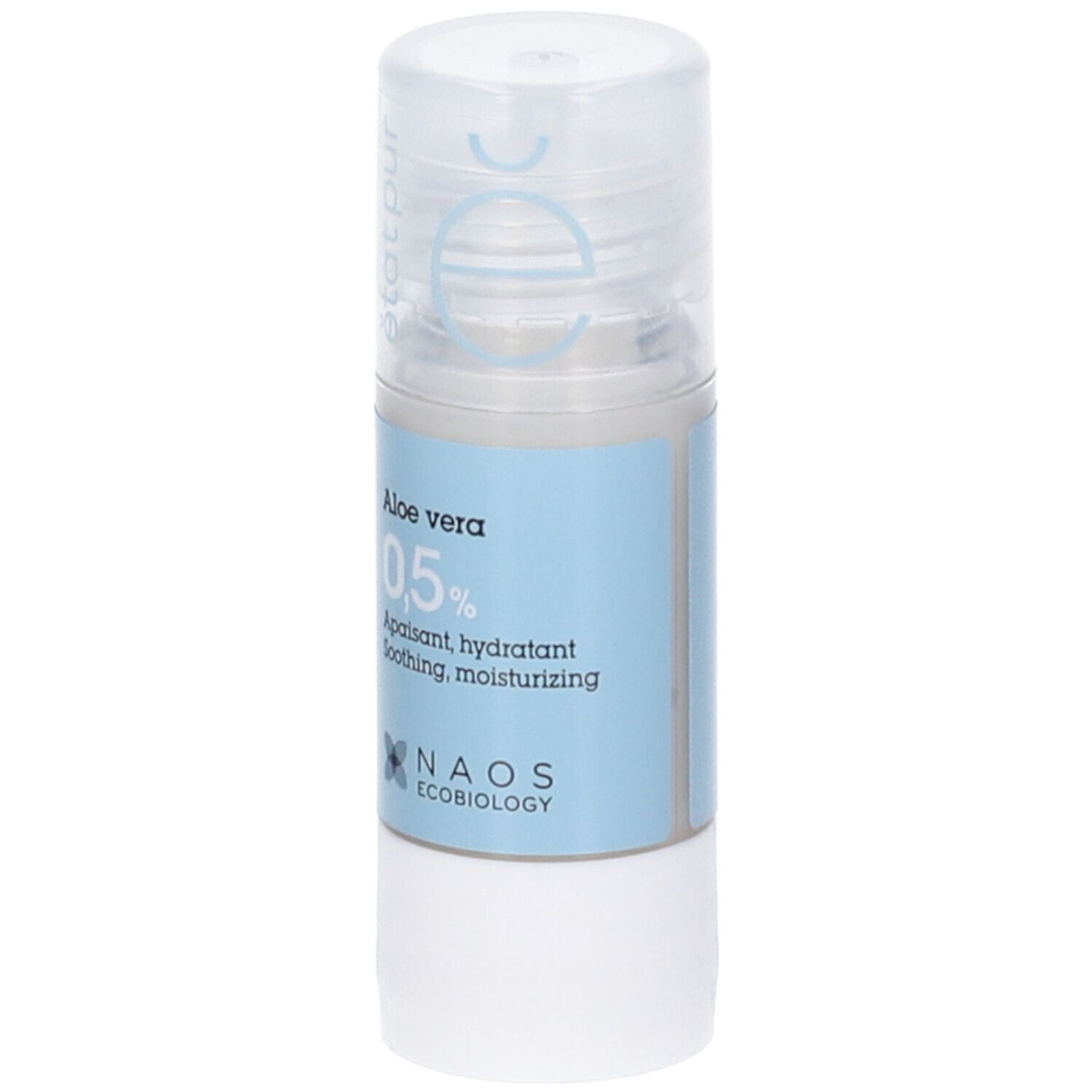 Flacone con etichetta blu. Testo: Aloe vera 0,5%, lenitivo, idratante, NAOS Ecobiology. 15ml.
