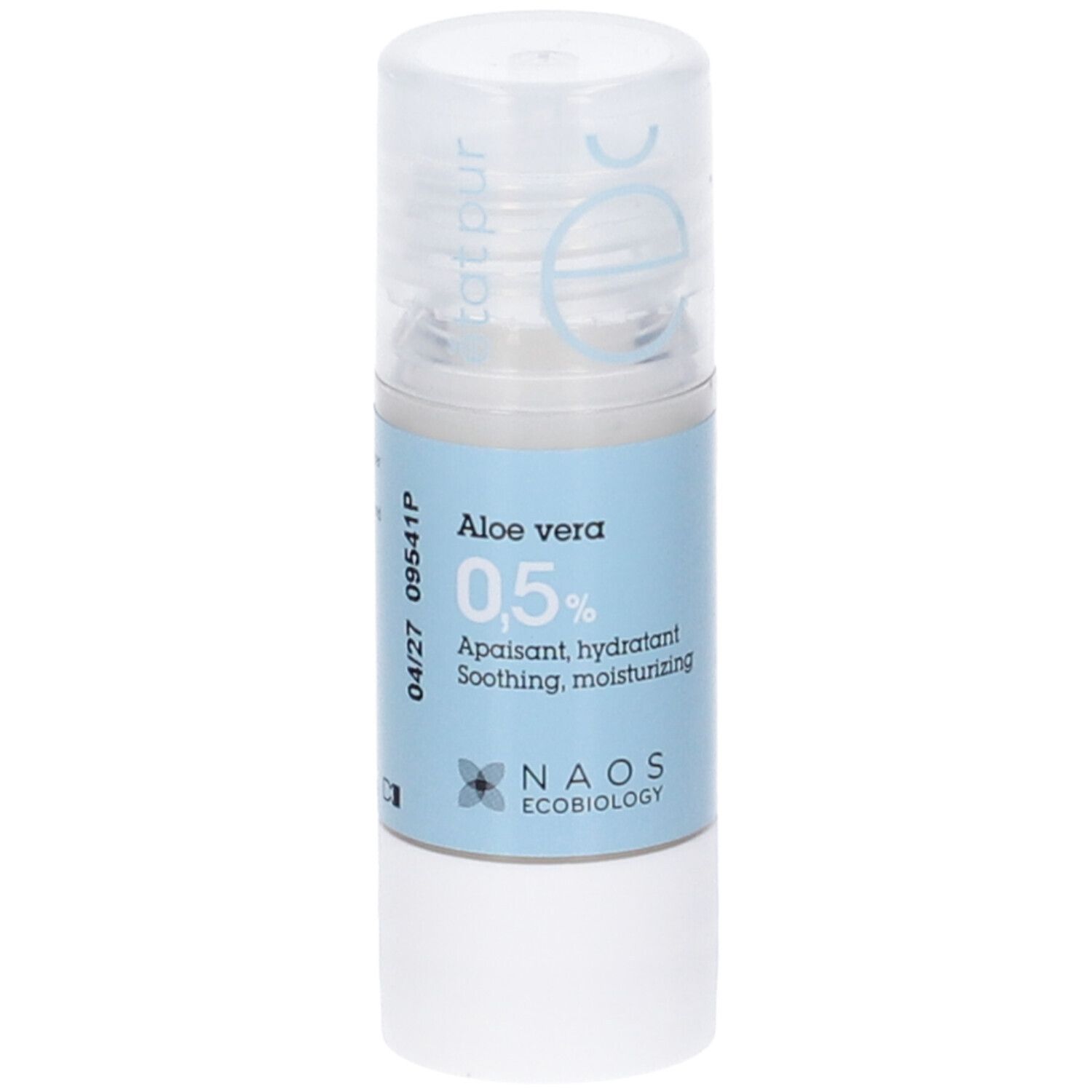 Flacone con etichetta blu. Testo: Aloe vera 0,5%, lenitivo, idratante, NAOS Ecobiology. 15ml.