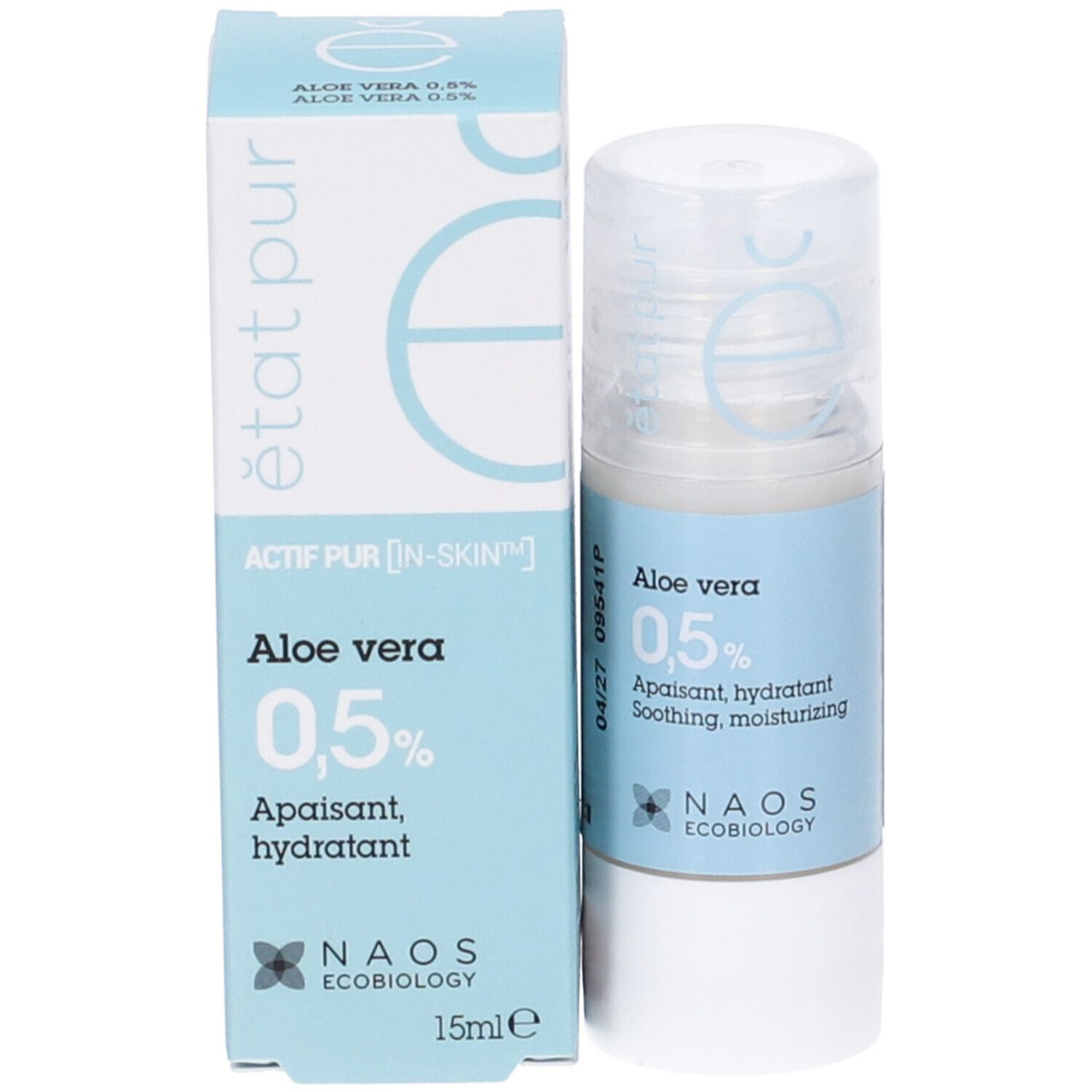 Prodotto e confezione. Testo: Etat Pur, Aloe vera 0,5%, lenitivo, idratante, NAOS Ecobiology. 15ml.