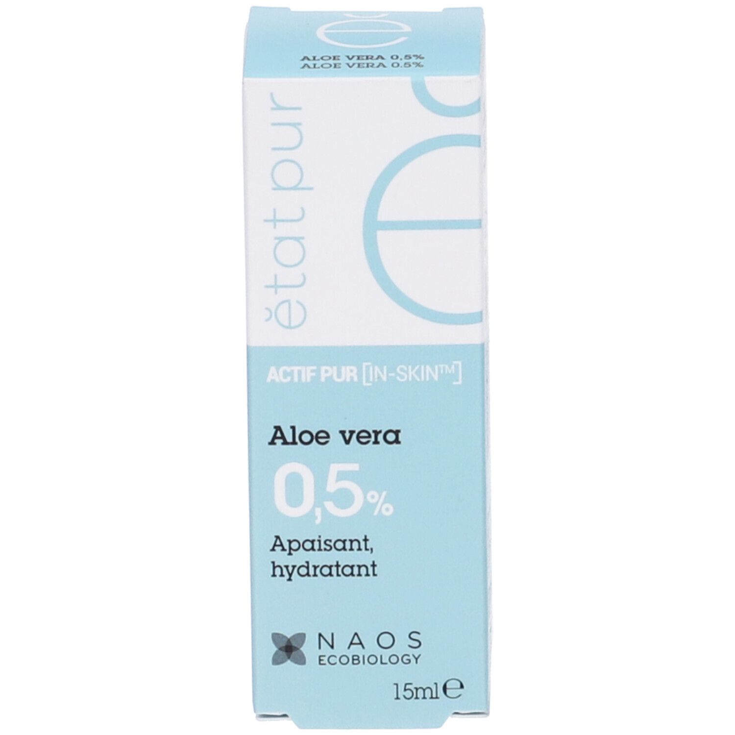 Confezione. Testo: Etat Pur, Aloe vera 0,5%, lenitivo, idratante, NAOS Ecobiology. 15ml.