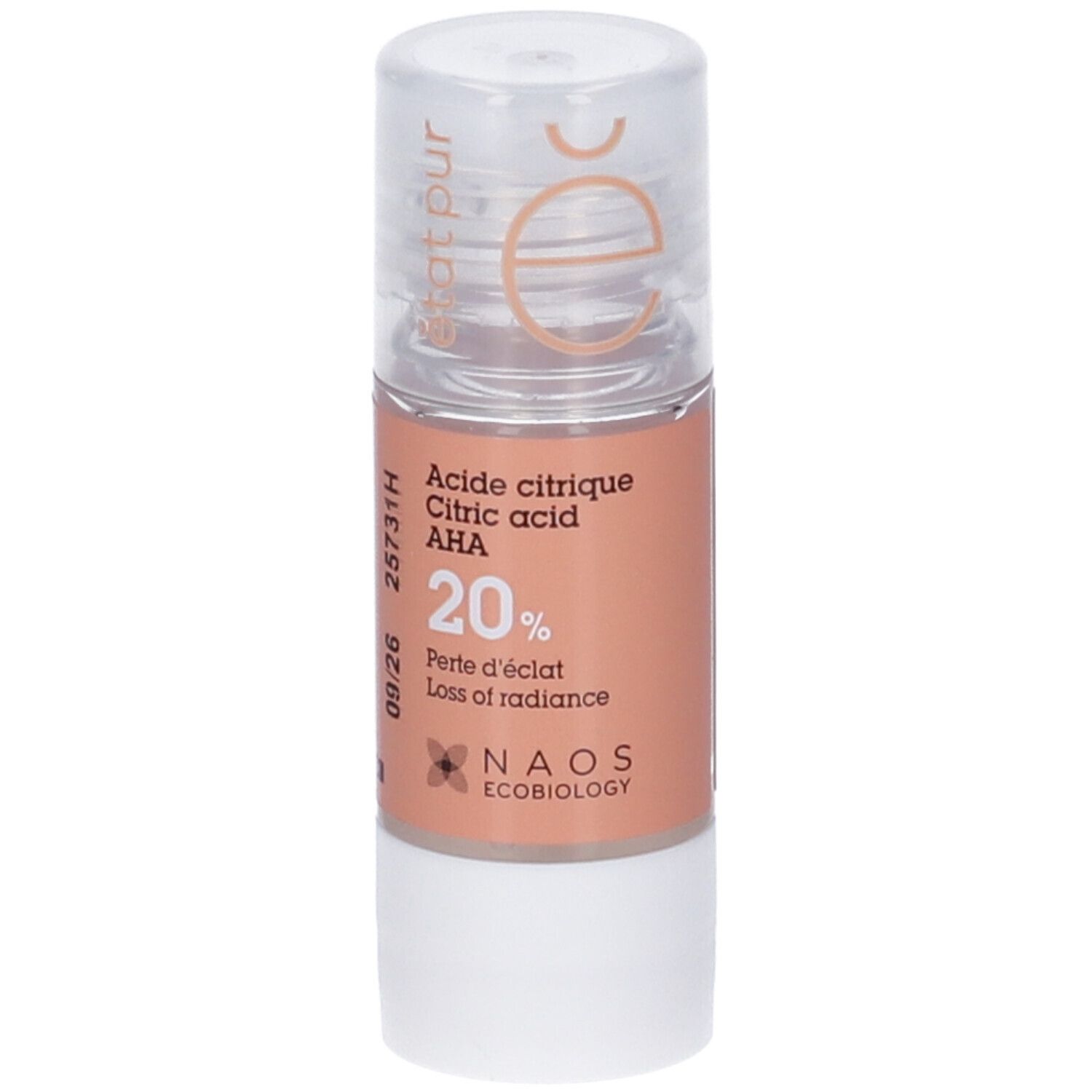 Flacone trasparente con etichetta arancione. Testo: Acide citrique AHA 20%. NAOS Ecobiology. Data.