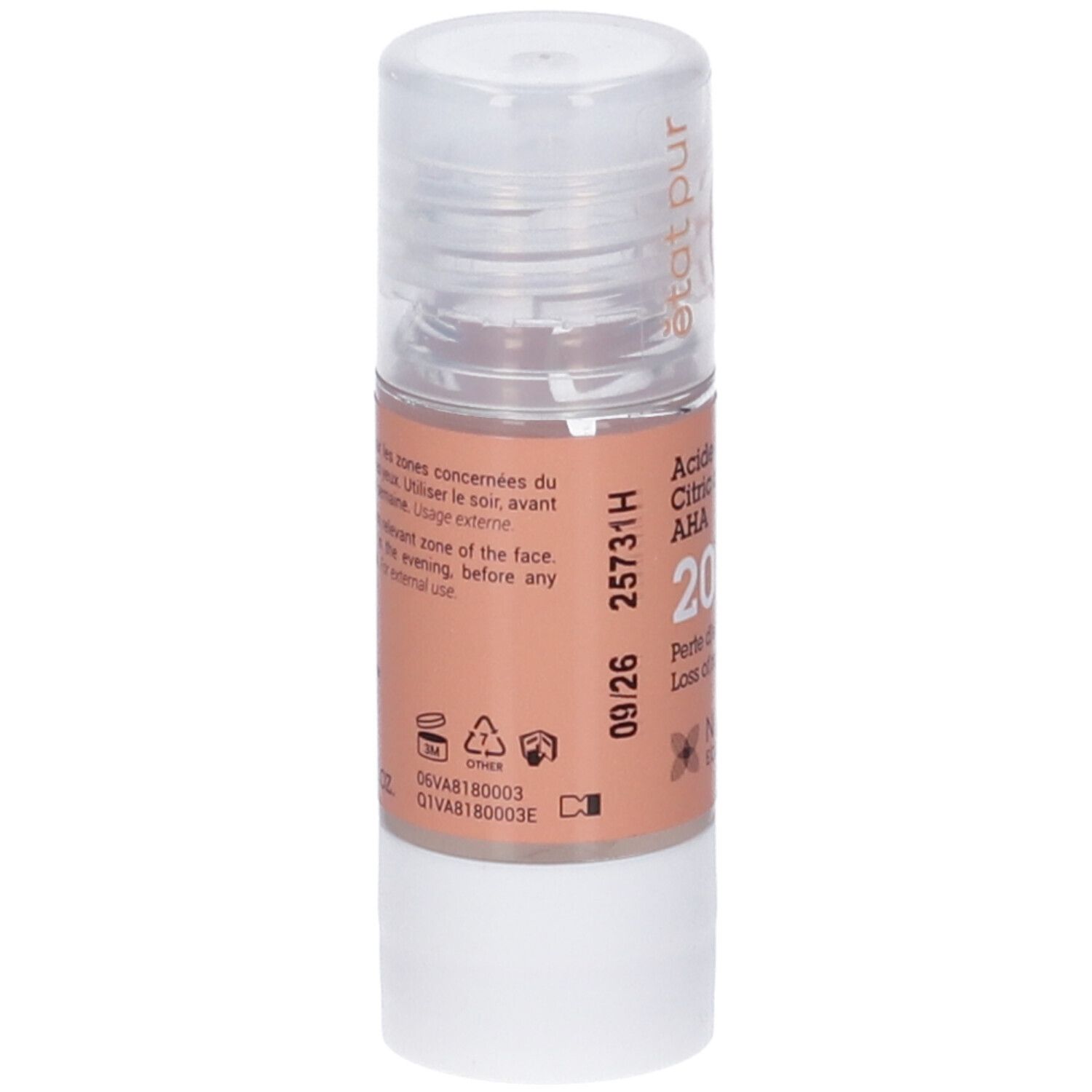 Flacone trasparente con etichetta arancione. Testo: Acide citrique AHA 20%. NAOS Ecobiology. Simboli.