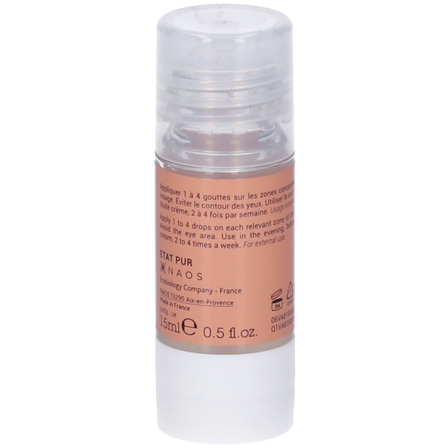 Flacone trasparente con etichetta arancione. Testo: Acide citrique AHA 20%. NAOS Ecobiology. Testo.