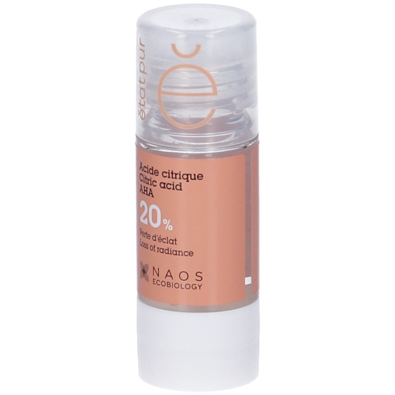 Flacone trasparente con etichetta arancione. Testo: Acide citrique AHA 20%. NAOS Ecobiology.