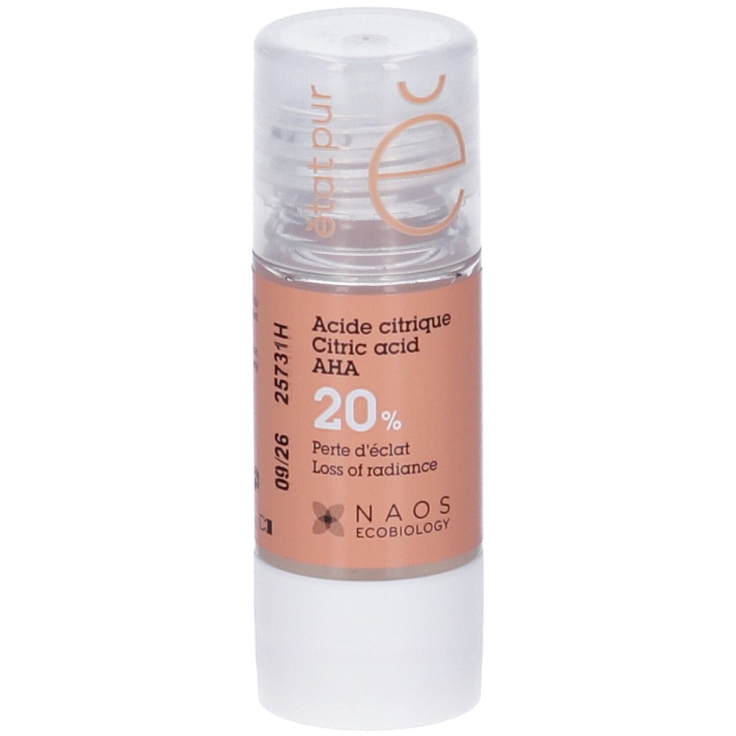 Flacone trasparente con etichetta arancione. Testo: Acide citrique AHA 20%. NAOS Ecobiology. Data.