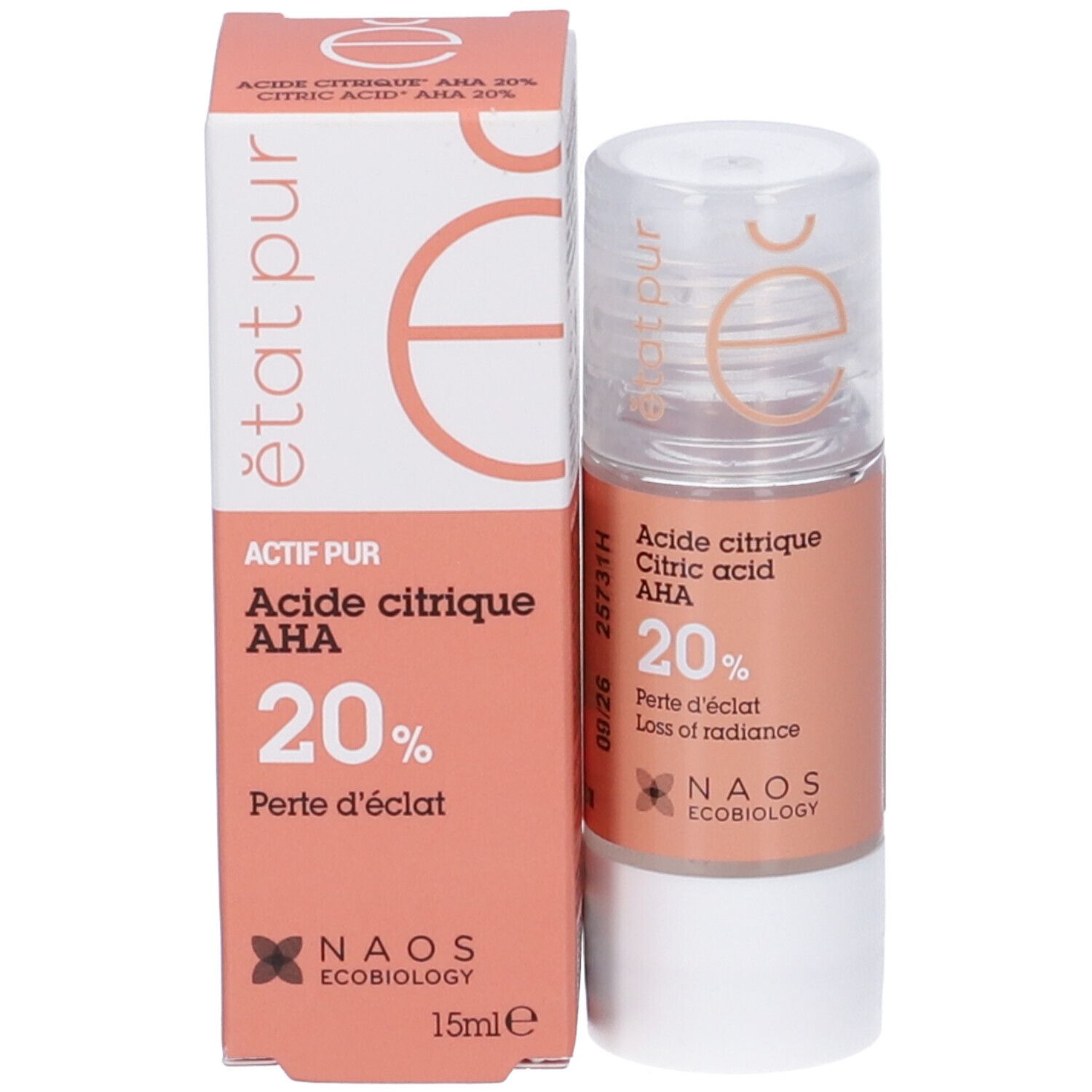 Confezione prodotto con flacone. Testo: Acide citrique AHA 20%. NAOS Ecobiology. 15ml. Actif Pur.