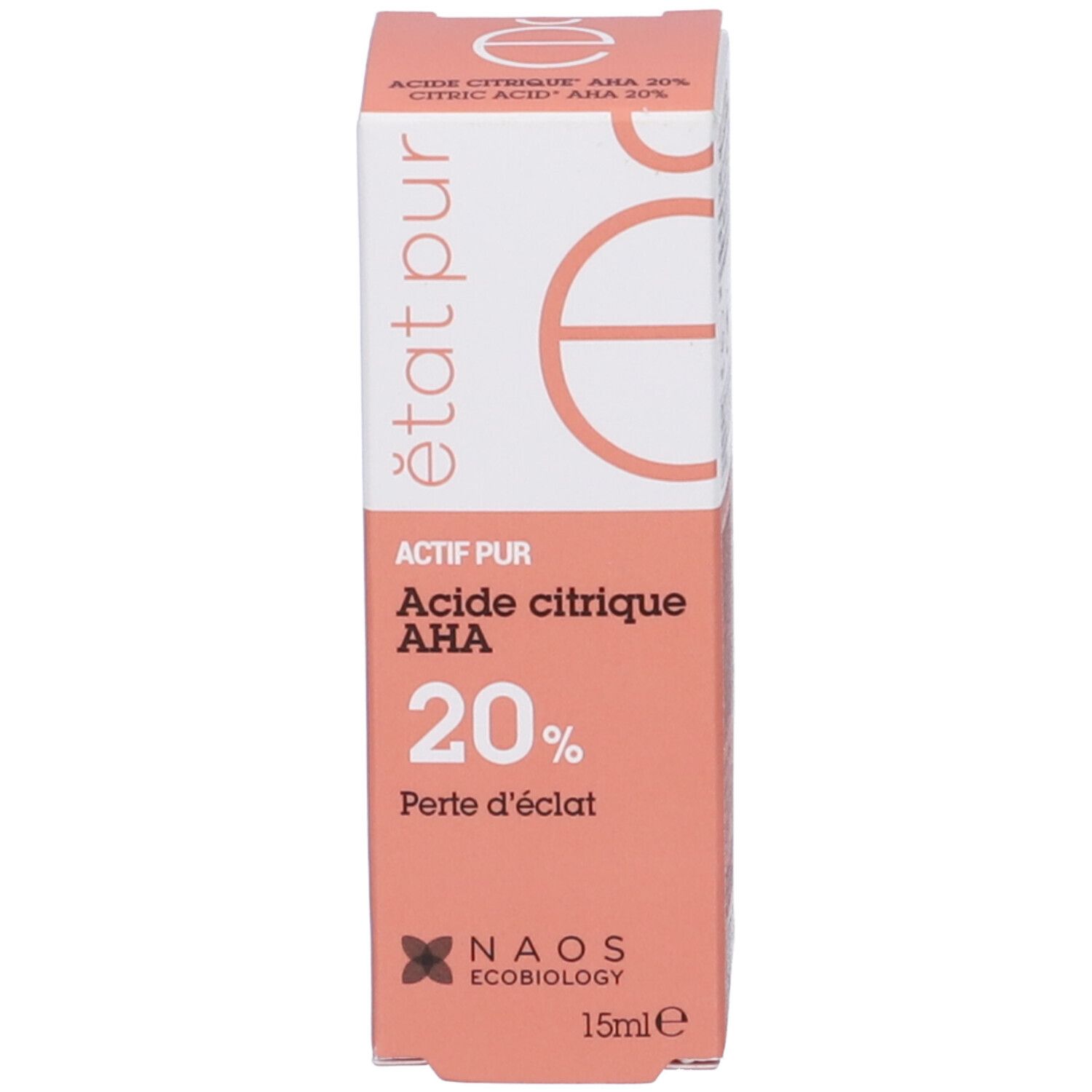 Confezione prodotto. Testo: Acide citrique AHA 20%. NAOS Ecobiology. 15ml. Actif Pur.