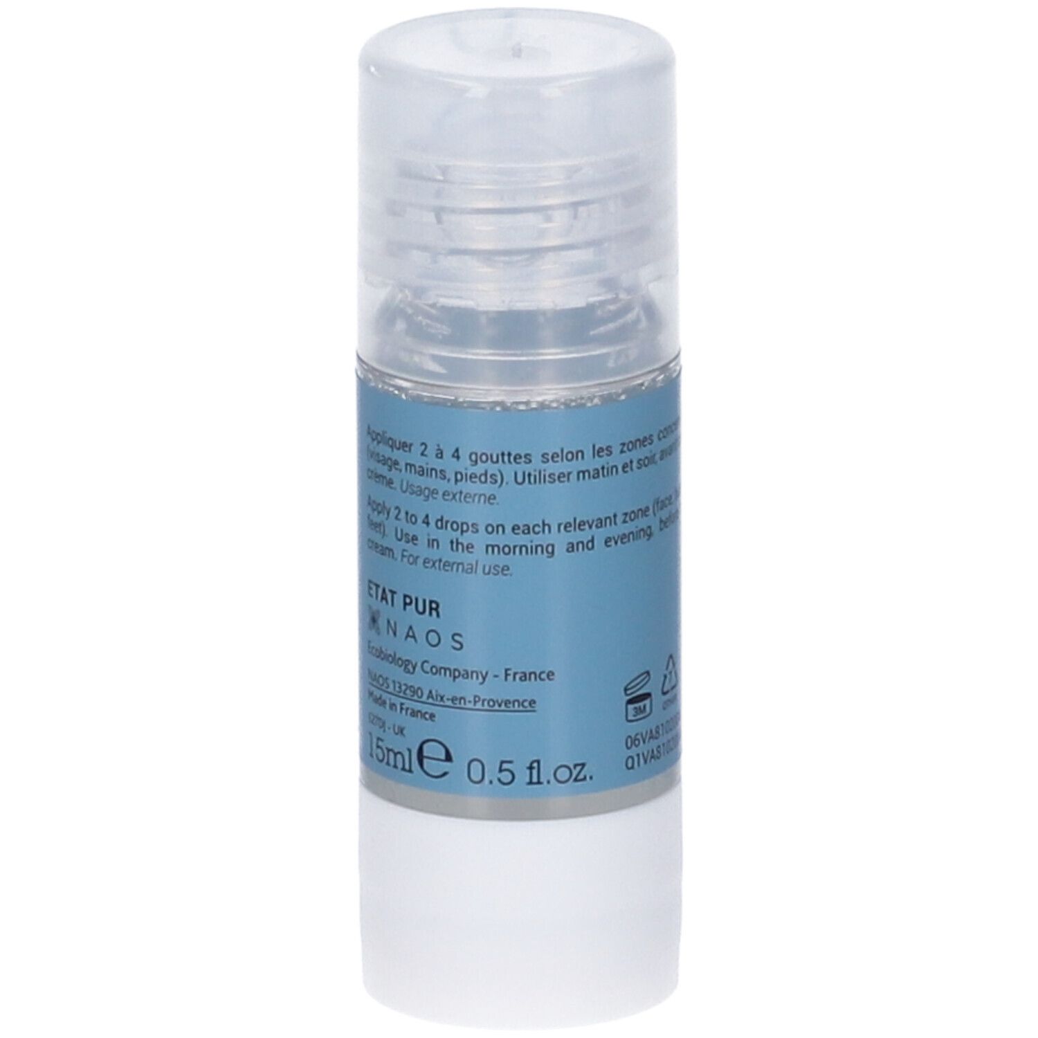 Flacone cilindrico con etichetta blu. Scritta: D-pantenolo 5%, pelle molto secca. NAOS Ecobiology. 15ml.