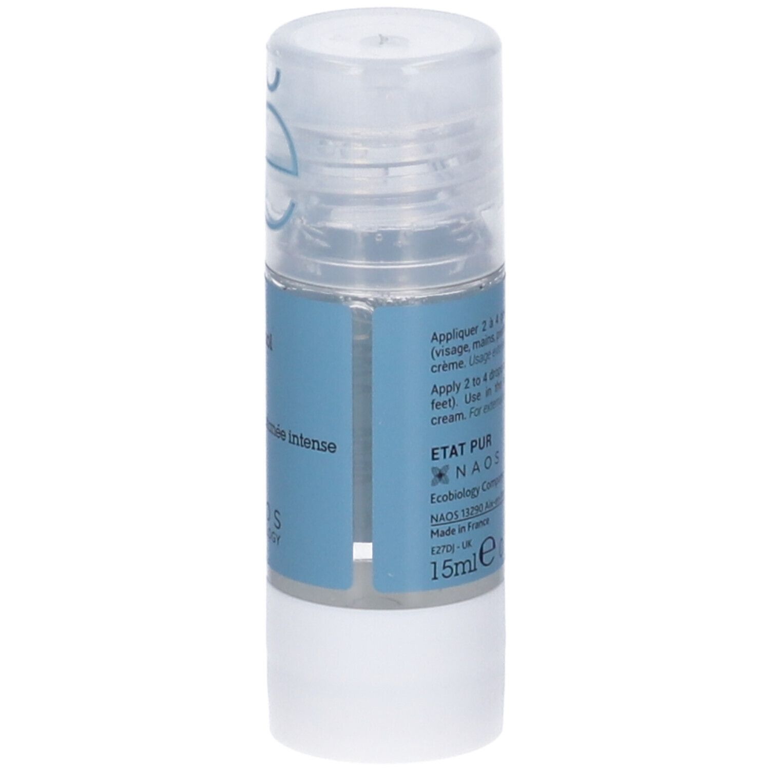 Flacone cilindrico con etichetta blu. Scritta: D-pantenolo 5%, pelle molto secca. NAOS Ecobiology. 15ml.