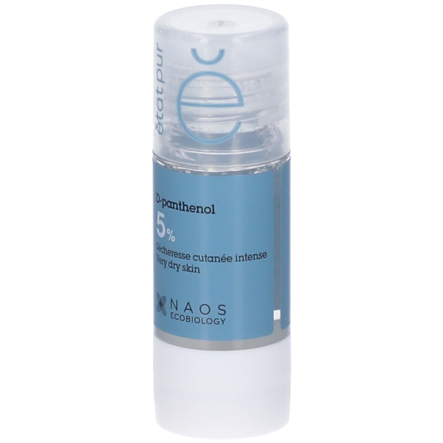 Flacone cilindrico con etichetta blu. Scritta: D-pantenolo 5%, pelle molto secca. NAOS Ecobiology. 15ml.