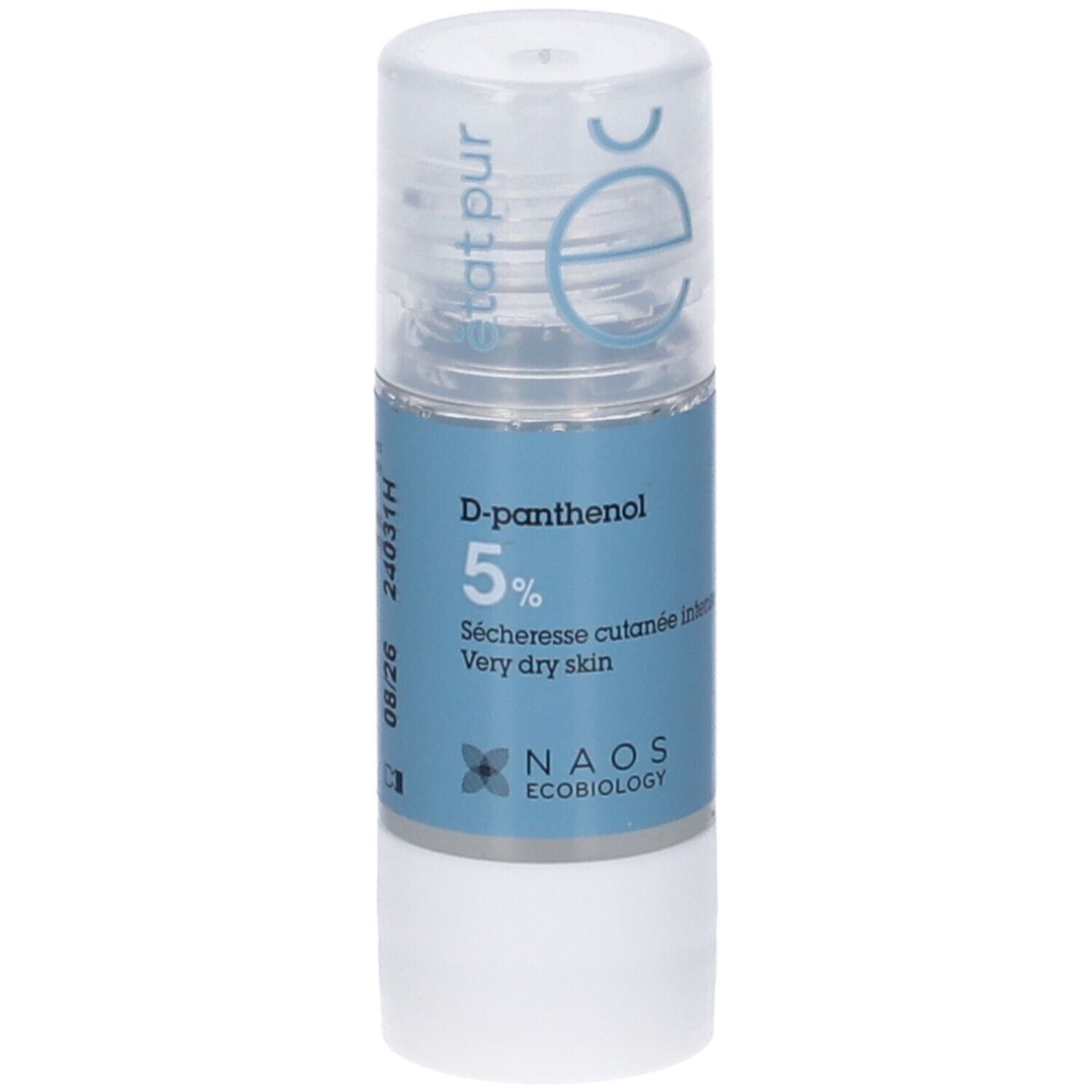 Flacone cilindrico con etichetta blu. Scritta: D-pantenolo 5%, pelle molto secca. NAOS Ecobiology. 15ml.