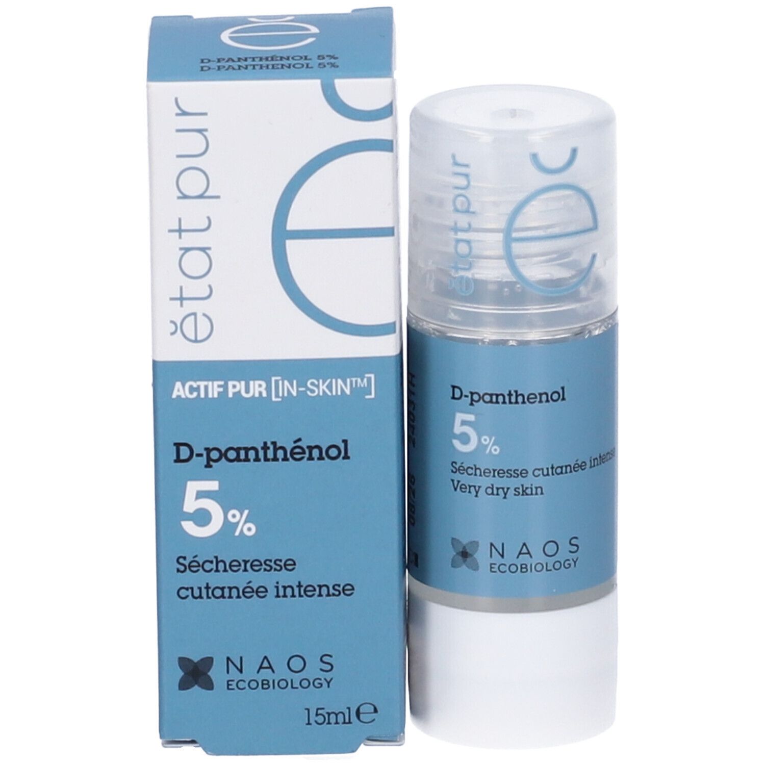 Flacone e confezione del prodotto. Scritta: D-pantenolo 5%, pelle molto secca. NAOS Ecobiology. 15ml.
