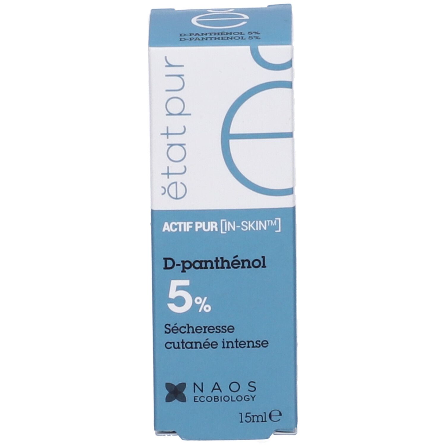 Confezione del prodotto. Scritta: D-pantenolo 5%, pelle molto secca. NAOS Ecobiology. 15ml.