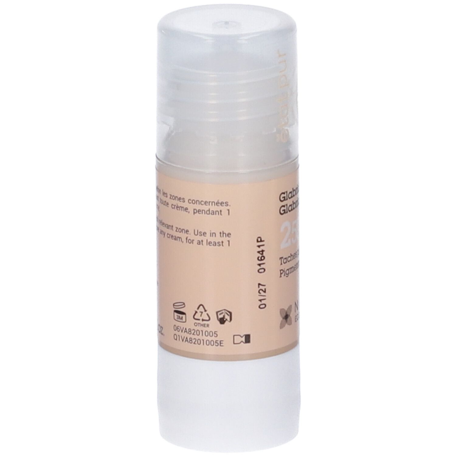 Flacone Glabridina 250ppm. Tappo trasparente. Etichetta beige con testo e simboli. Logo NAOS.