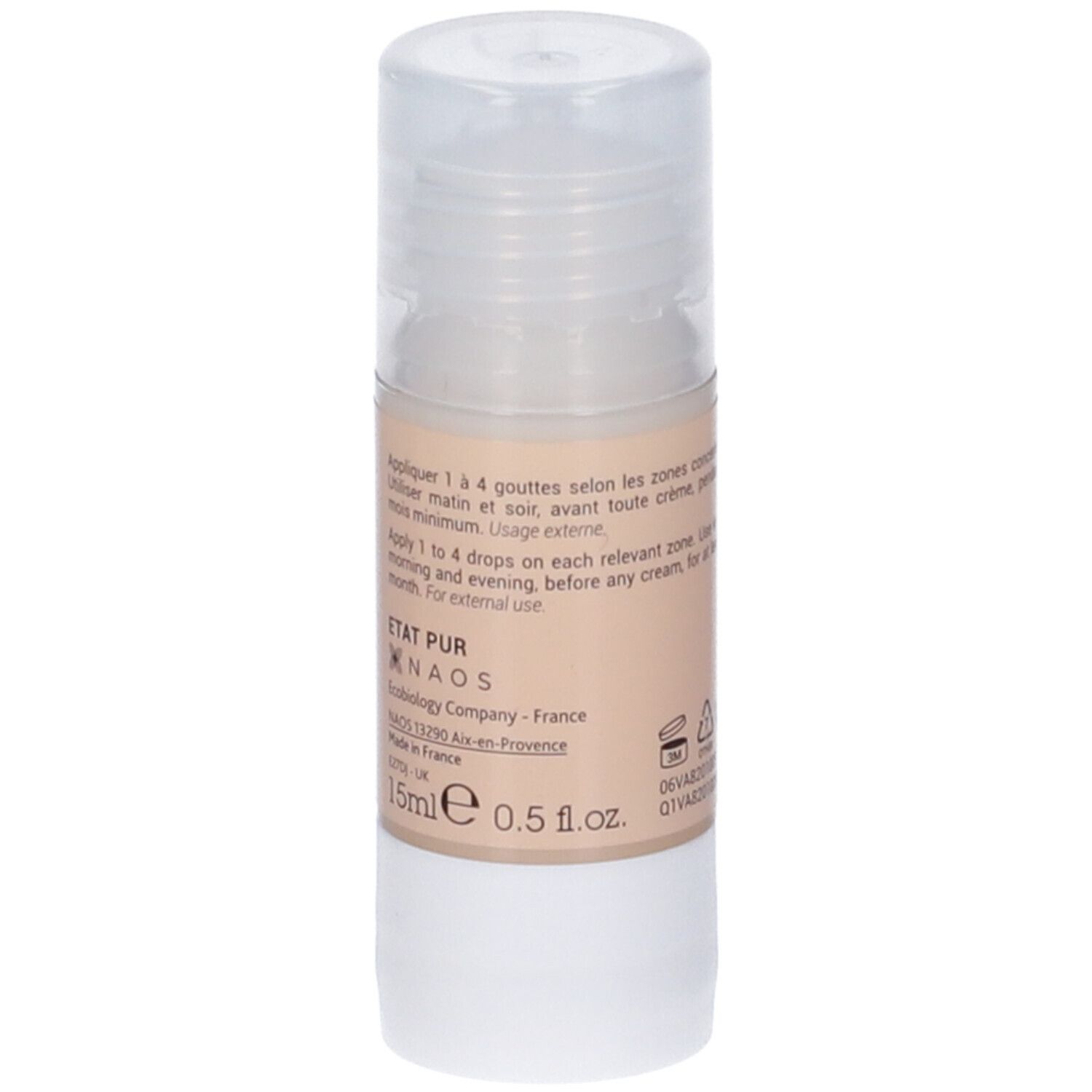 Flacone Glabridina 250ppm. Tappo trasparente. Etichetta beige con testo. Logo NAOS. 15ml.